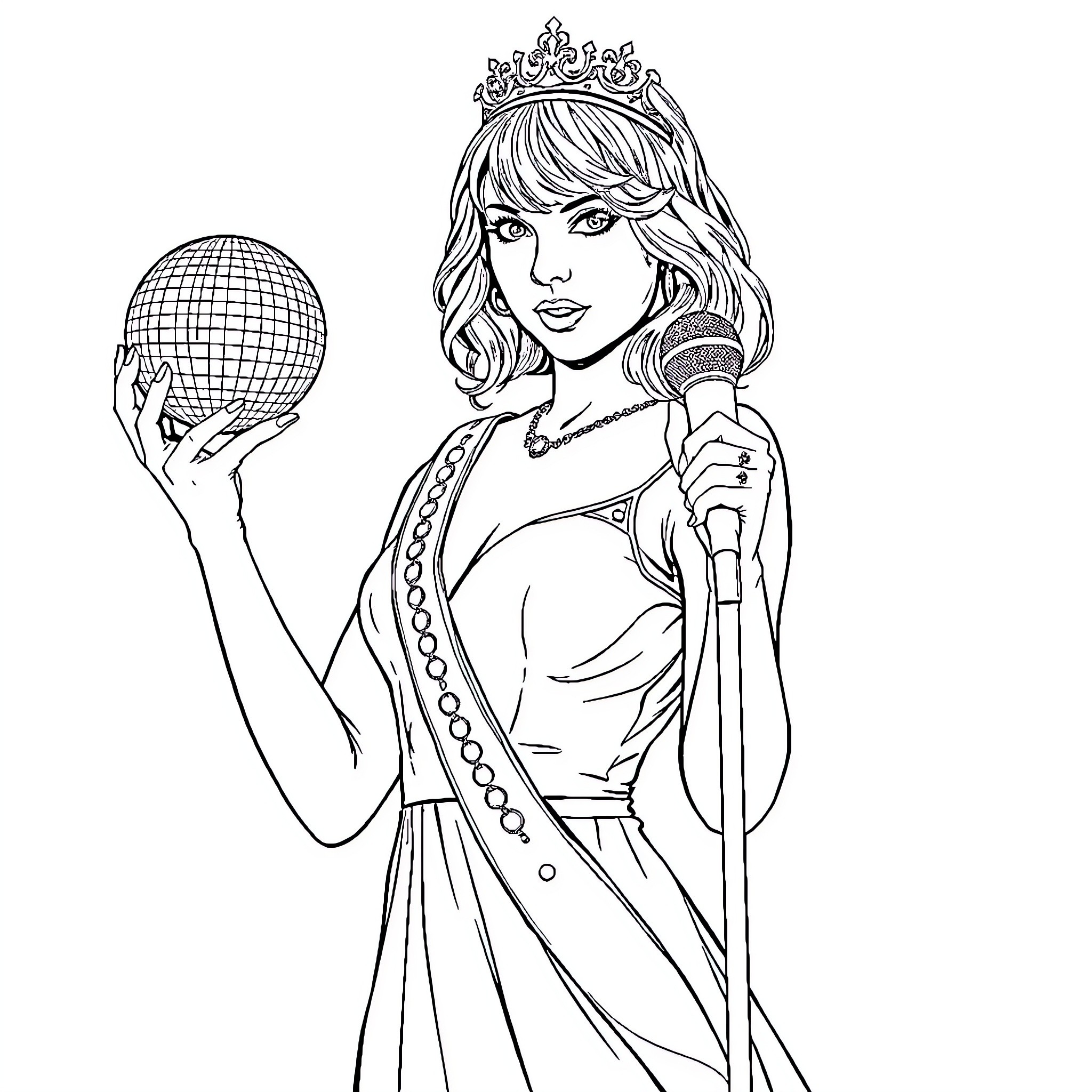 Taylor Swift performing on stage with disco ball Coloring Page (free black-and-white line drawing printable PDF for all, from beginners to advanced learners, including children, teens, adults, and seniors)