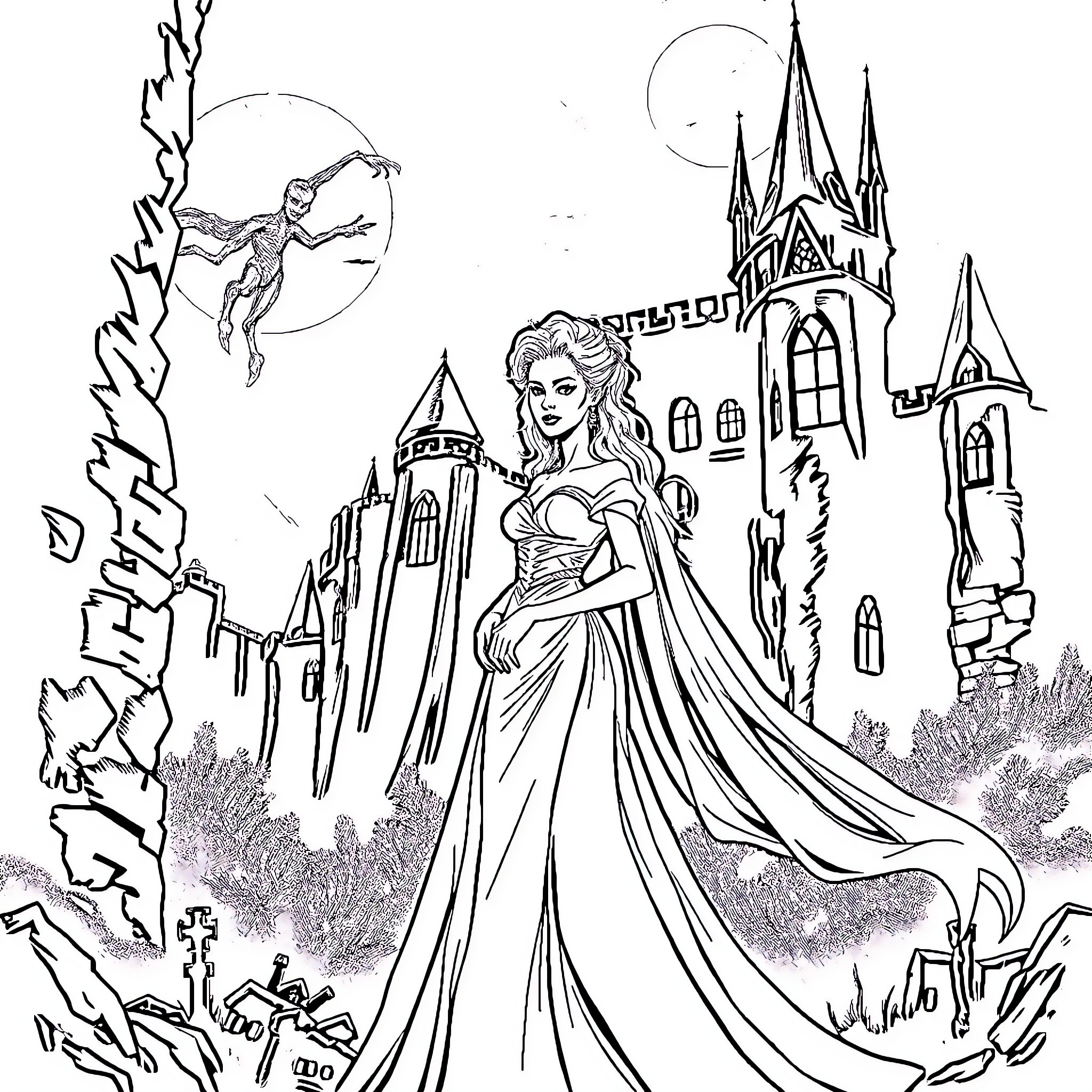 Bride of Frankenstein's Magnificent Castle Celebration Coloring Page (free black-and-white line drawing printable PDF for all, from beginners to advanced learners, including children, teens, adults, and seniors)