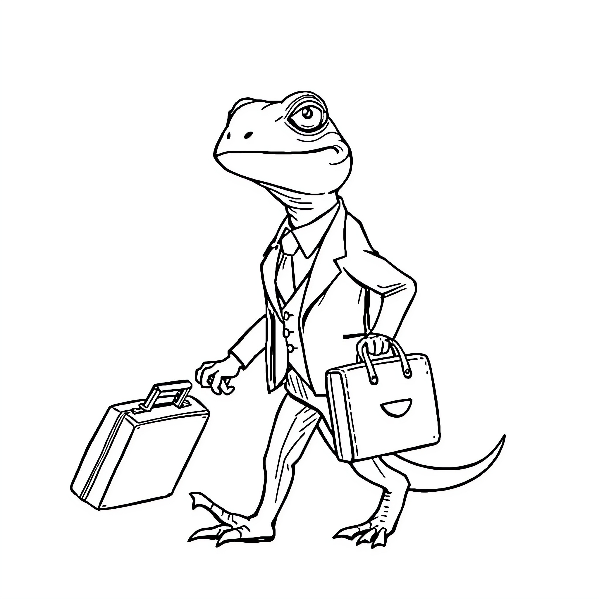 Lizard businessman traveling with luggage Coloring Page (free black-and-white line drawing printable PDF for all, from beginners to advanced learners, including children, teens, adults, and seniors)