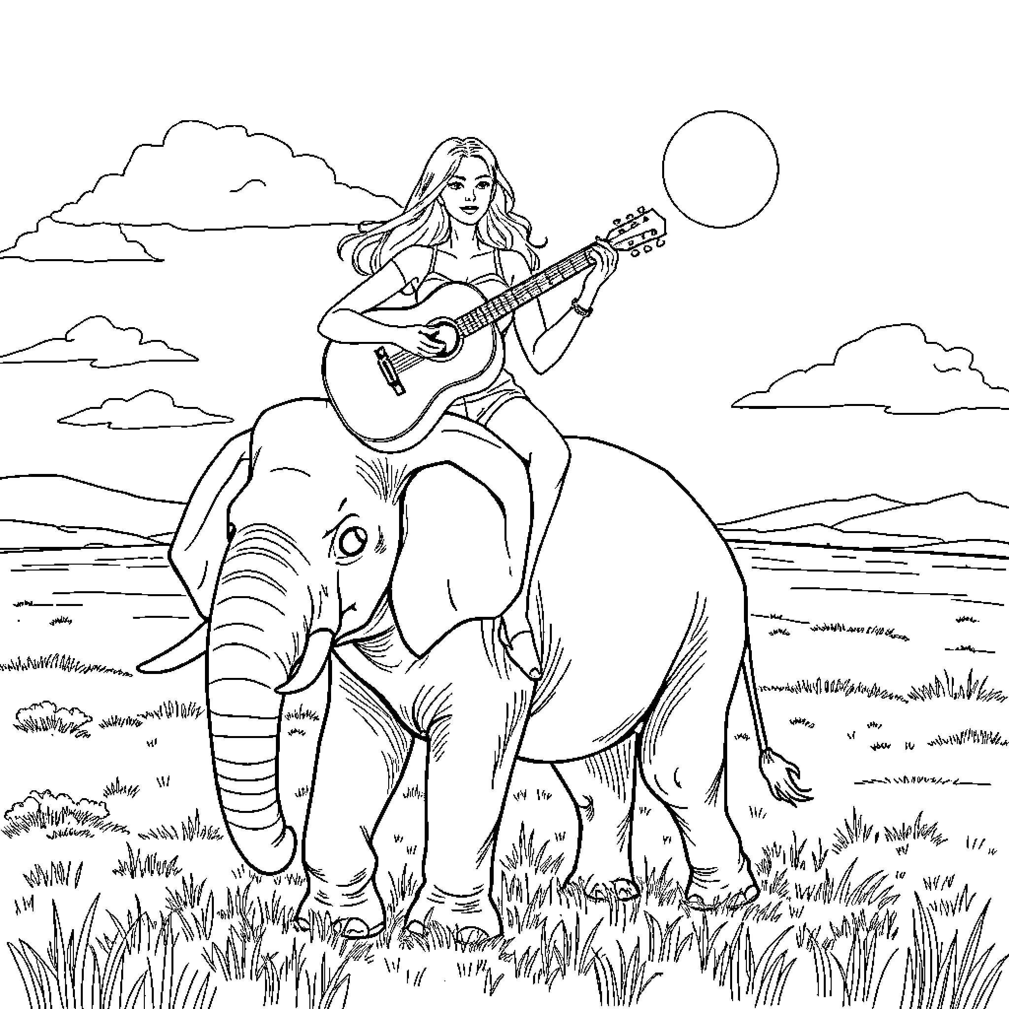 Woman playing guitar on an elephant in a rural landscape Coloring Page (free black-and-white line drawing printable PDF for all, from beginners to advanced learners, including children, teens, adults, and seniors)