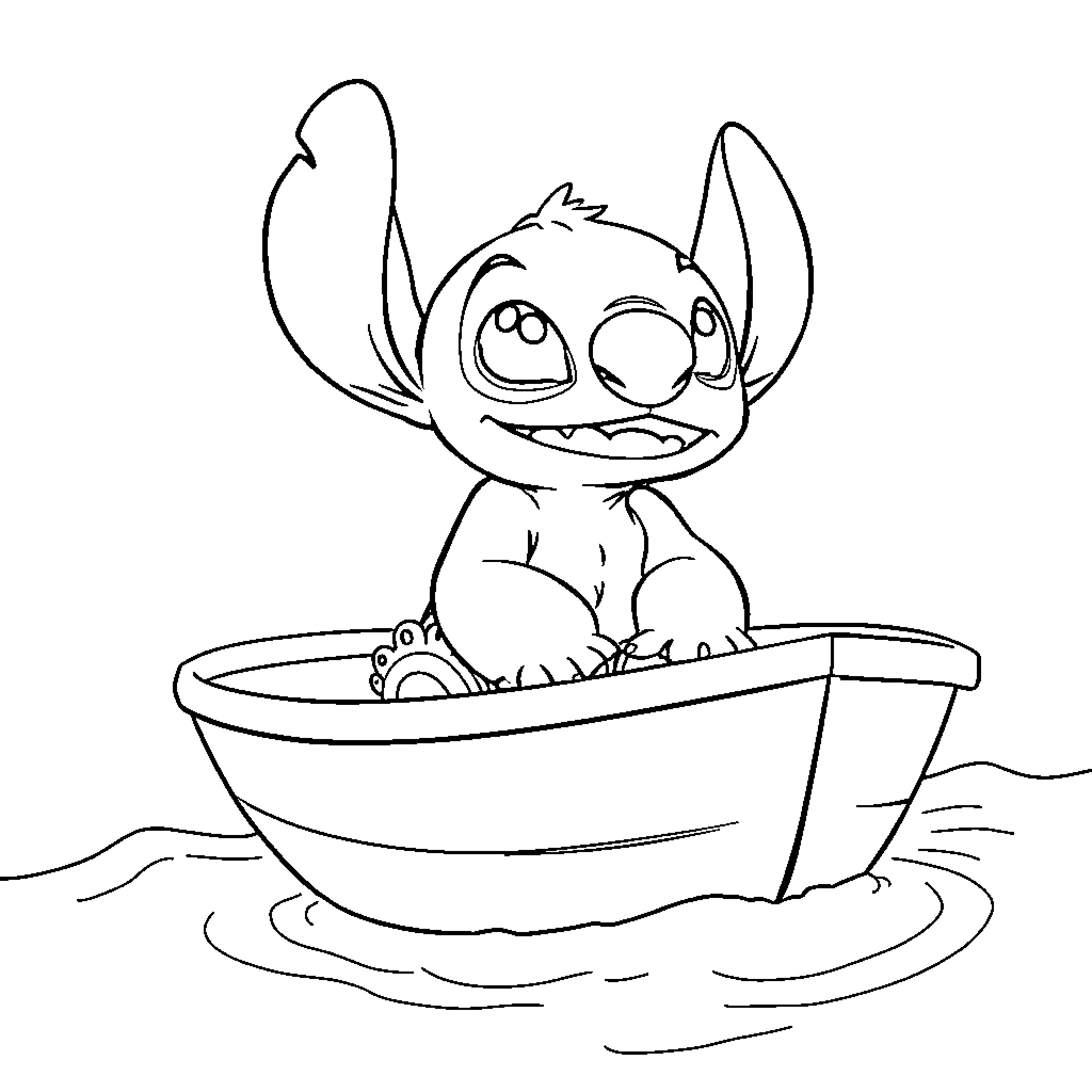 Stitch relaxing in a bathtub Coloring Page (free black-and-white line drawing printable PDF for all, from beginners to advanced learners, including children, teens, adults, and seniors)
