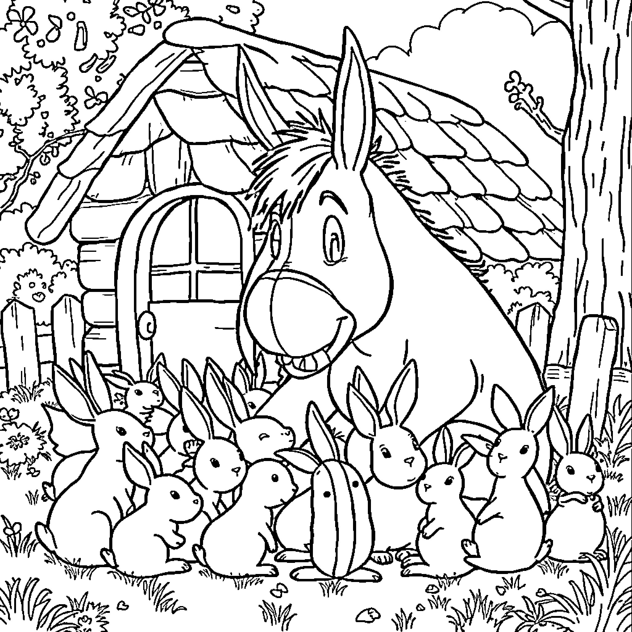 Eeyore with happy bunnies in the countryside Coloring Page (free black-and-white line drawing printable PDF for all, from beginners to advanced learners, including children, teens, adults, and seniors)