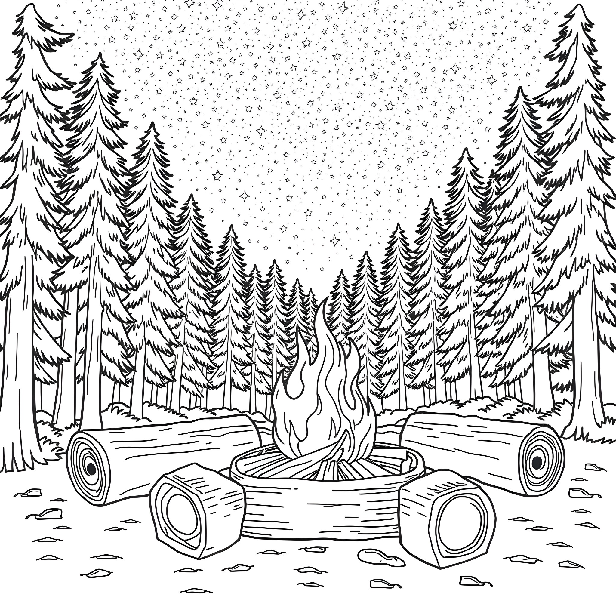 Campfire in the snowy forest Coloring Page (free black-and-white line drawing printable PDF for all, from beginners to advanced learners, including children, teens, adults, and seniors)