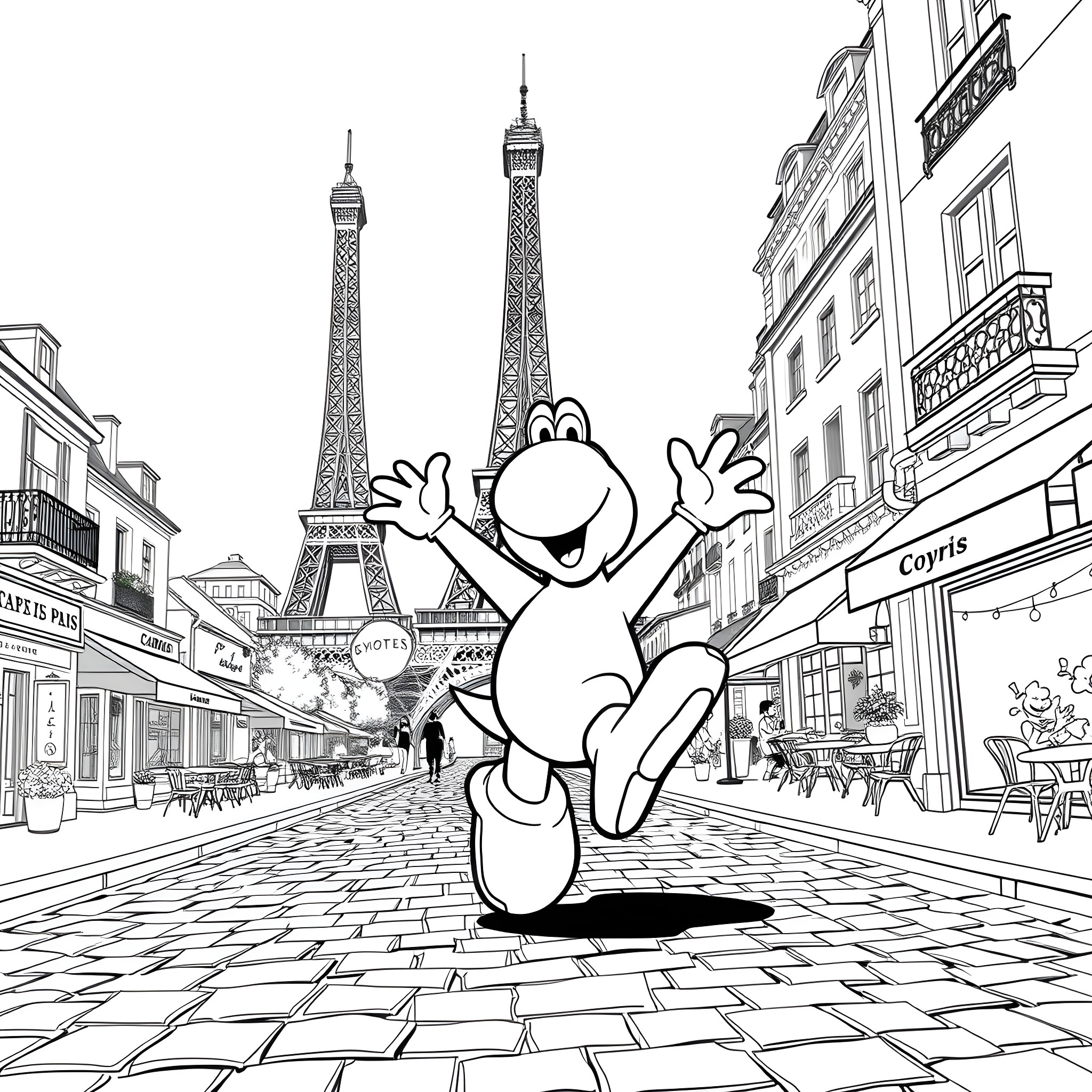 Yoshi Celebrates in the Streets of Paris Coloring Page (free black-and-white line drawing printable PDF for all, from beginners to advanced learners, including children, teens, adults, and seniors)