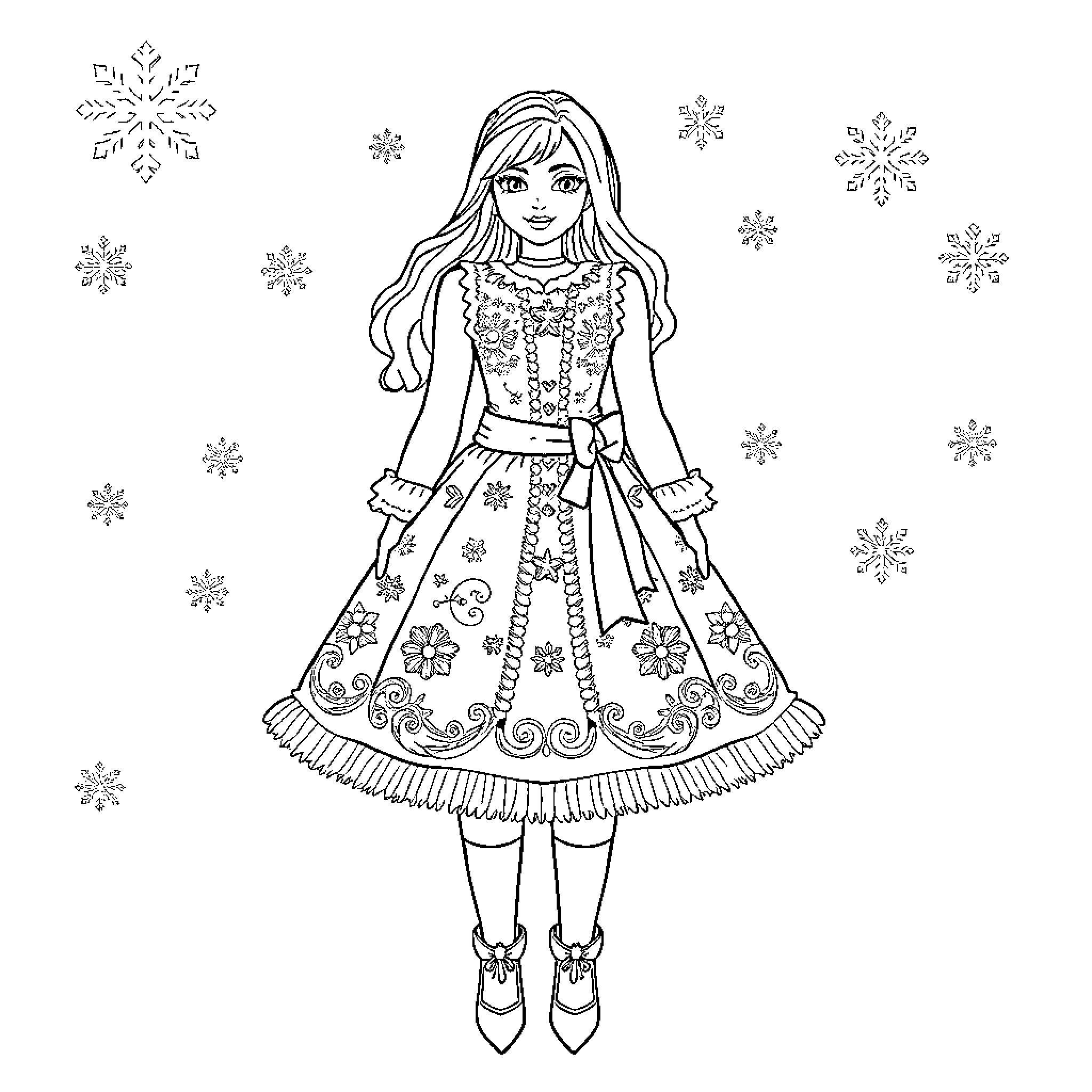 Dress with Detailed Floral Patterns and Snowflakes Coloring Page (free black-and-white line drawing printable PDF for all, from beginners to advanced learners, including children, teens, adults, and seniors)