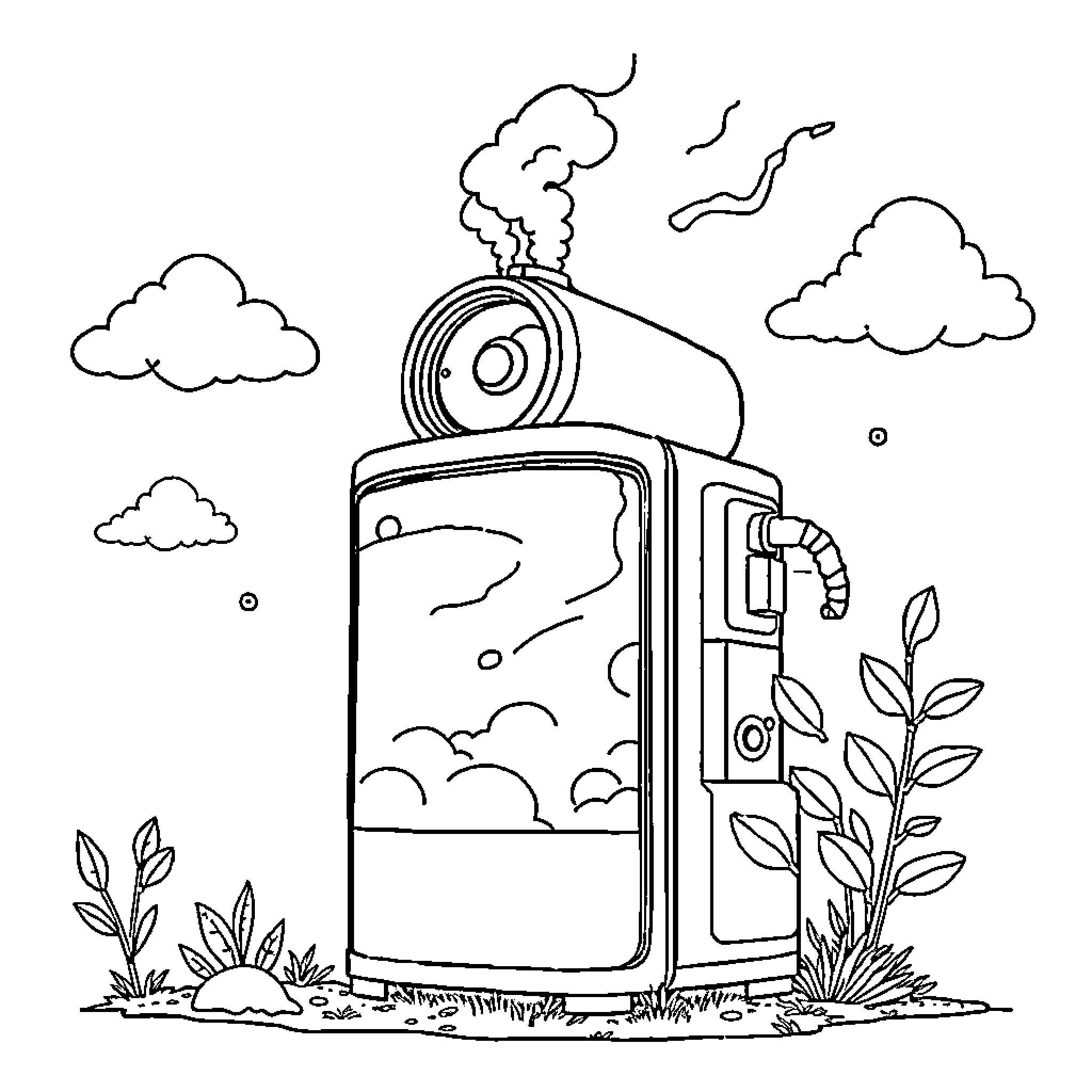 Air Purifier Releasing Smoke in Nature Coloring Page (free black-and-white line drawing printable PDF for all, from beginners to advanced learners, including children, teens, adults, and seniors)