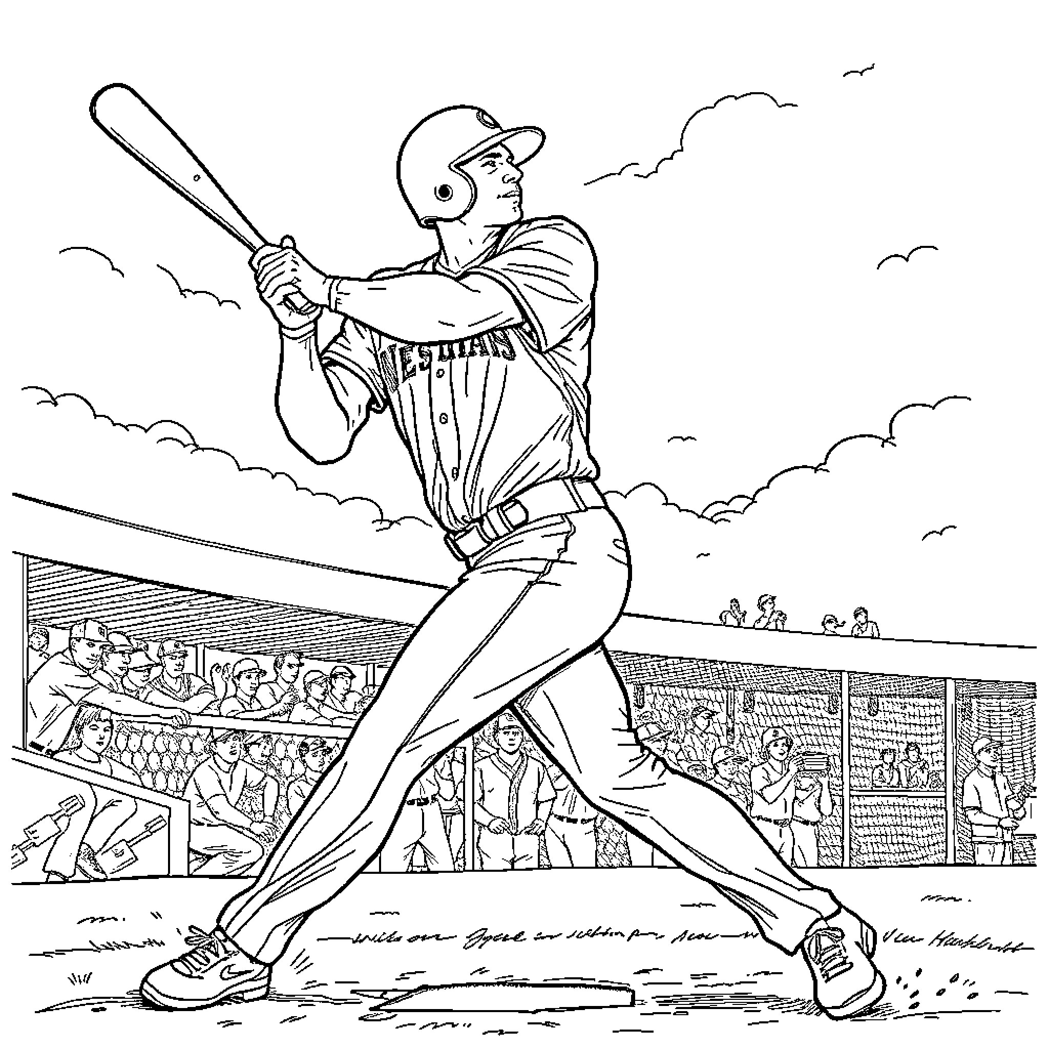George Springer batting in the baseball stadium Coloring Page (free black-and-white line drawing printable PDF for all, from beginners to advanced learners, including children, teens, adults, and seniors)
