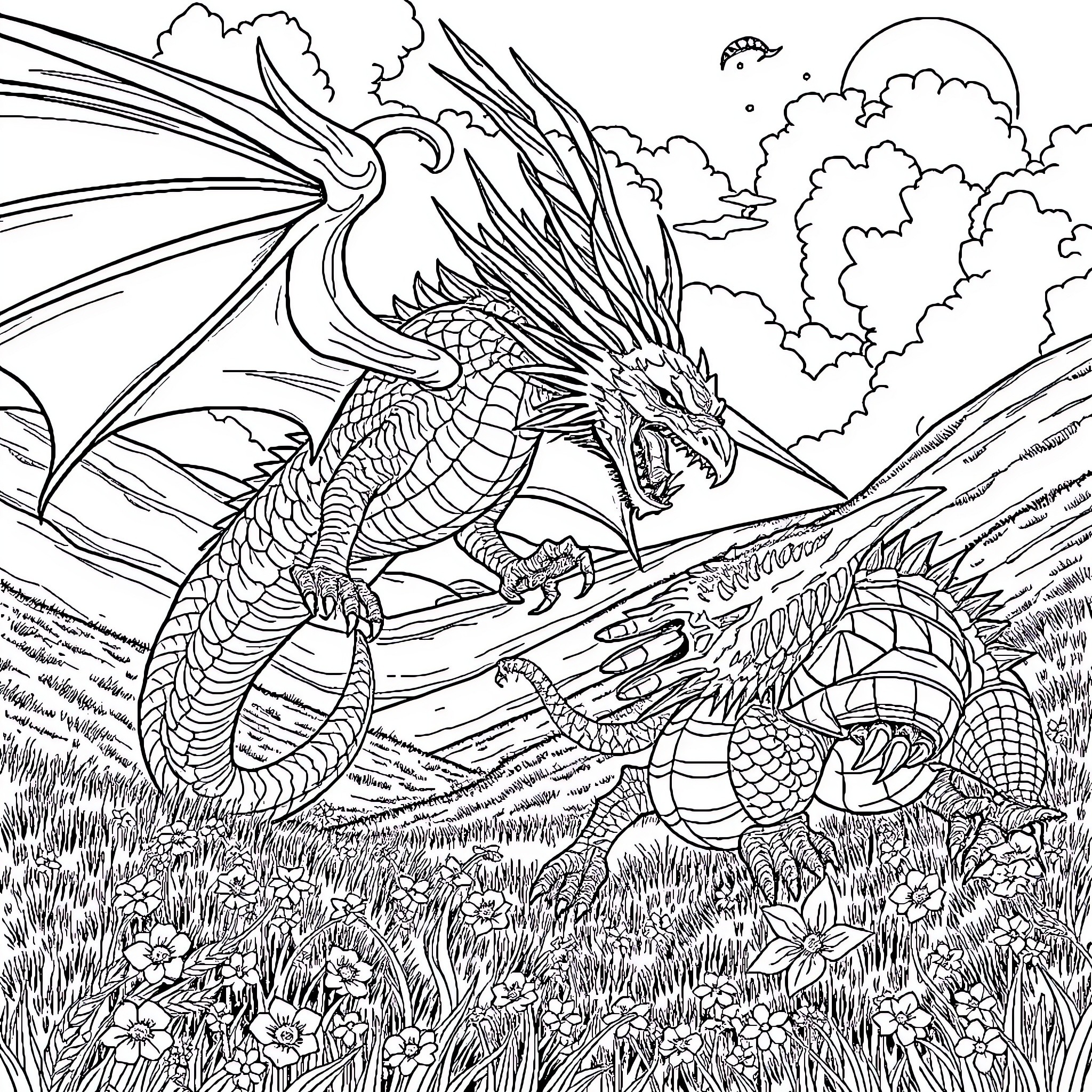 Rathalos battling fiercely in a fantastical landscape Coloring Page (free black-and-white line drawing printable PDF for all, from beginners to advanced learners, including children, teens, adults, and seniors)