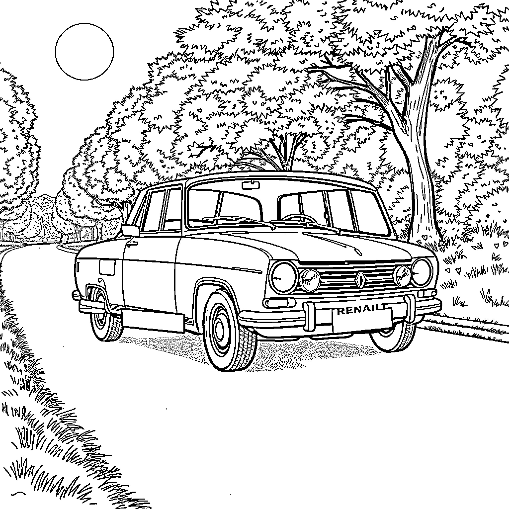 Renault car in a serene countryside scene Coloring Page (free black-and-white line drawing printable PDF for all, from beginners to advanced learners, including children, teens, adults, and seniors)