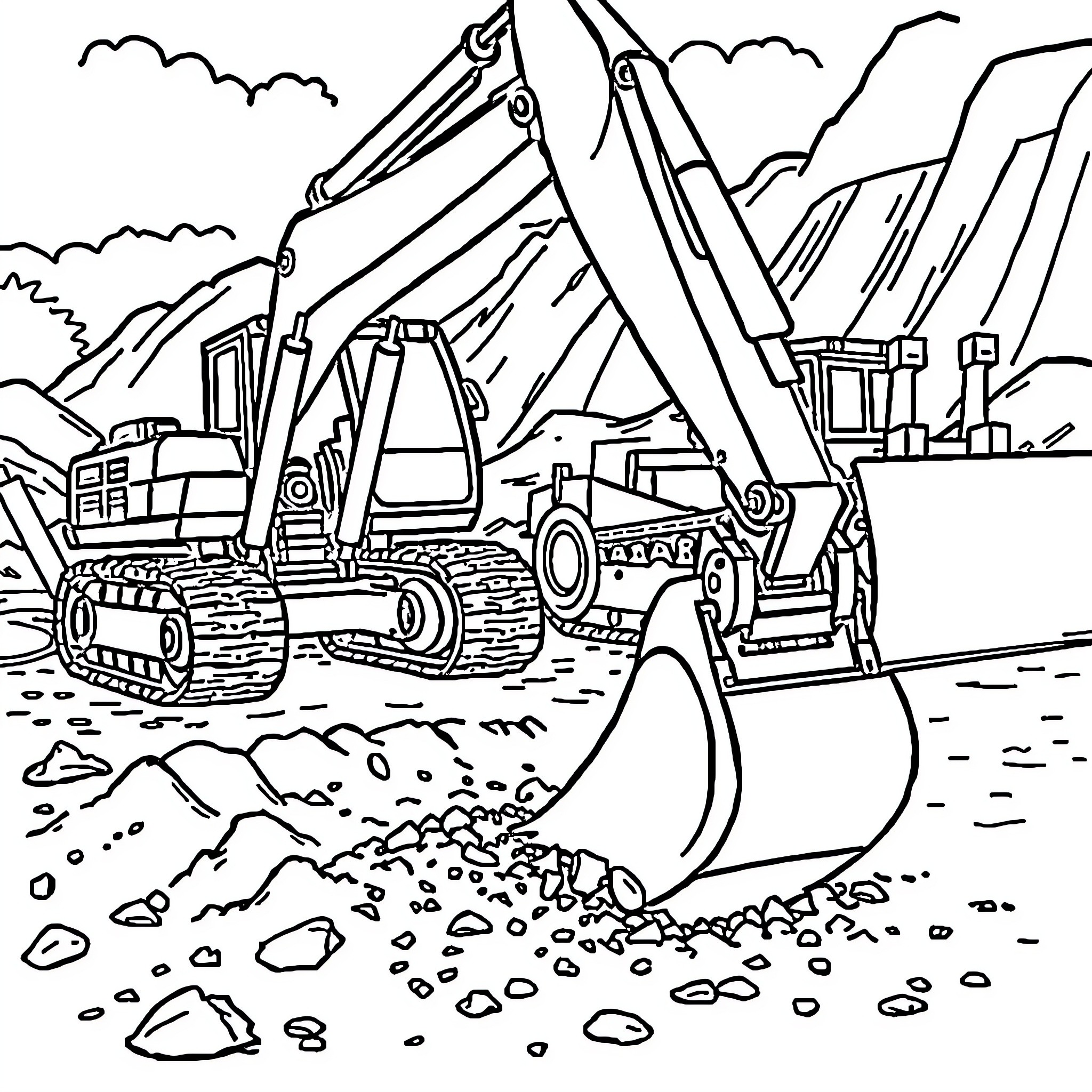Excavator operating in a rugged construction site Coloring Page (free black-and-white line drawing printable PDF for all, from beginners to advanced learners, including children, teens, adults, and seniors)