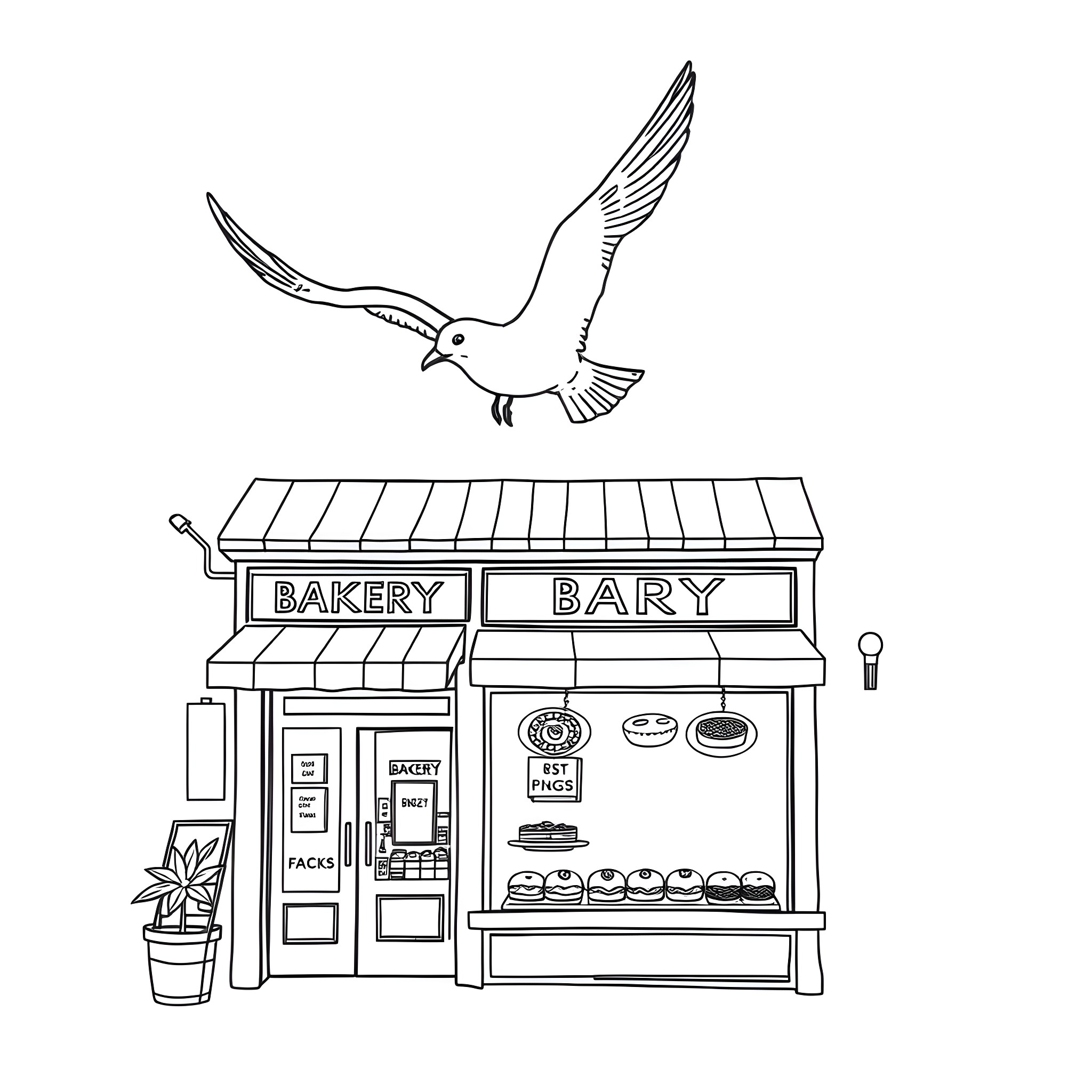 Seagull soaring over quaint bakery storefront Coloring Page (free black-and-white line drawing printable PDF for all, from beginners to advanced learners, including children, teens, adults, and seniors)