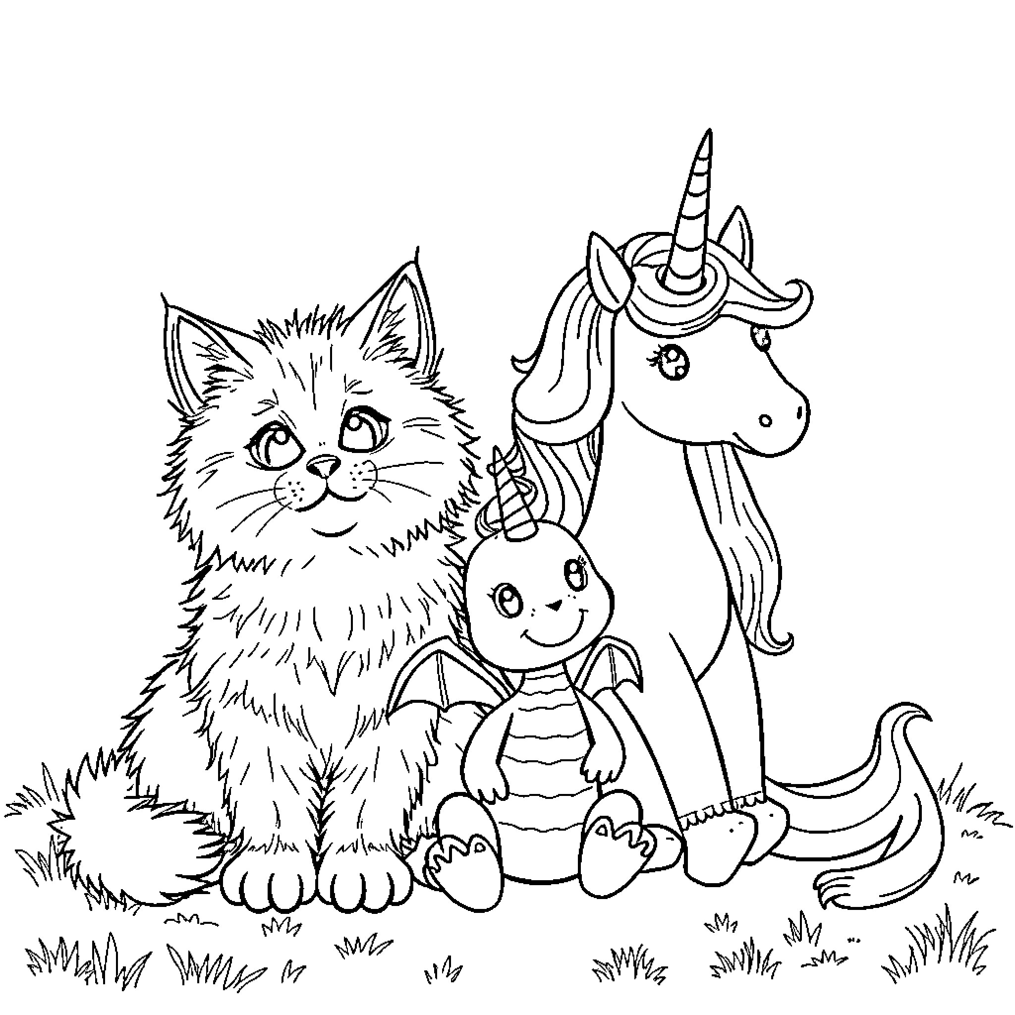 Cat and Unicorn Companions in Nature Coloring Page (free black-and-white line drawing printable PDF for all, from beginners to advanced learners, including children, teens, adults, and seniors)