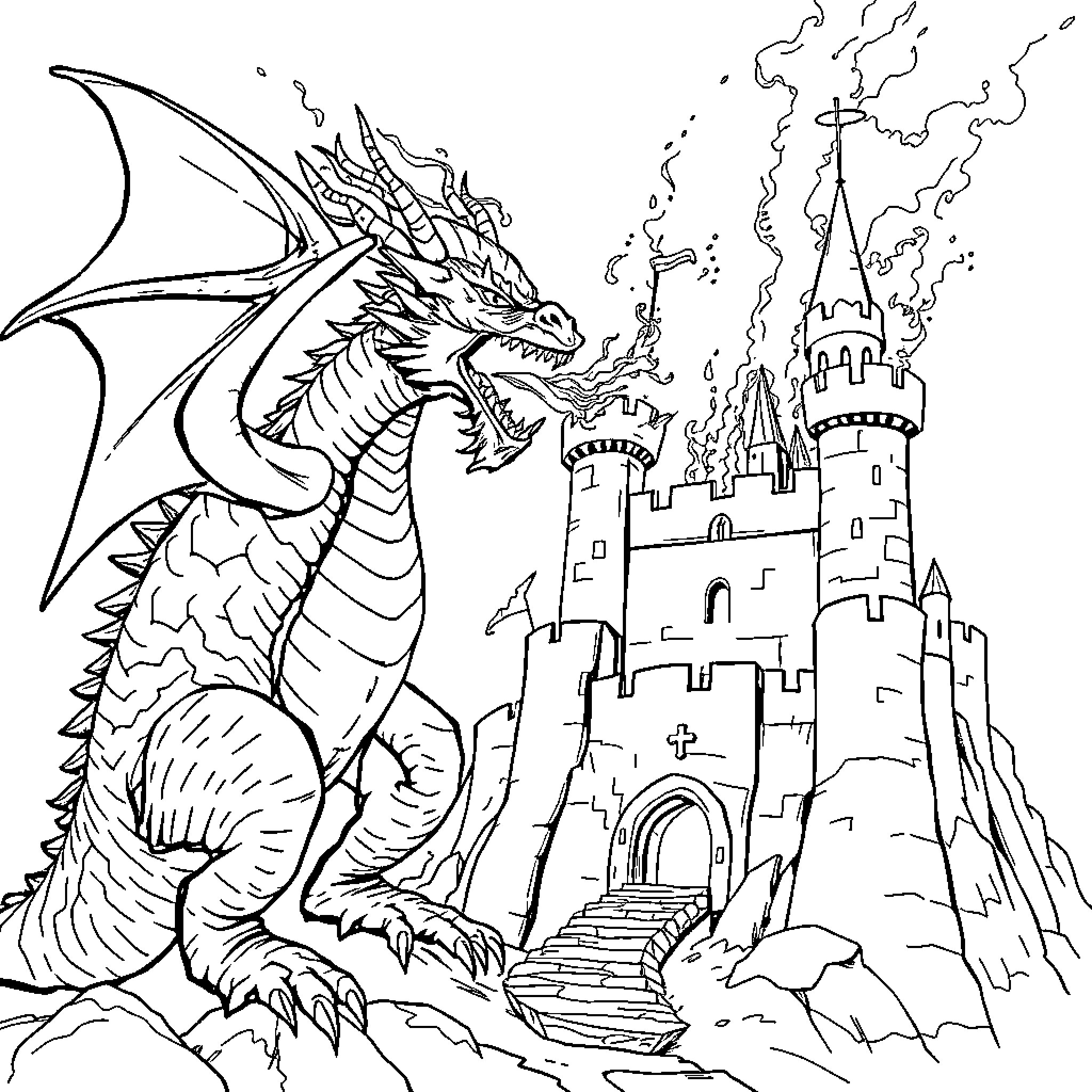 Dragon guarding a majestic castle Coloring Page (free black-and-white line drawing printable PDF for all, from beginners to advanced learners, including children, teens, adults, and seniors)