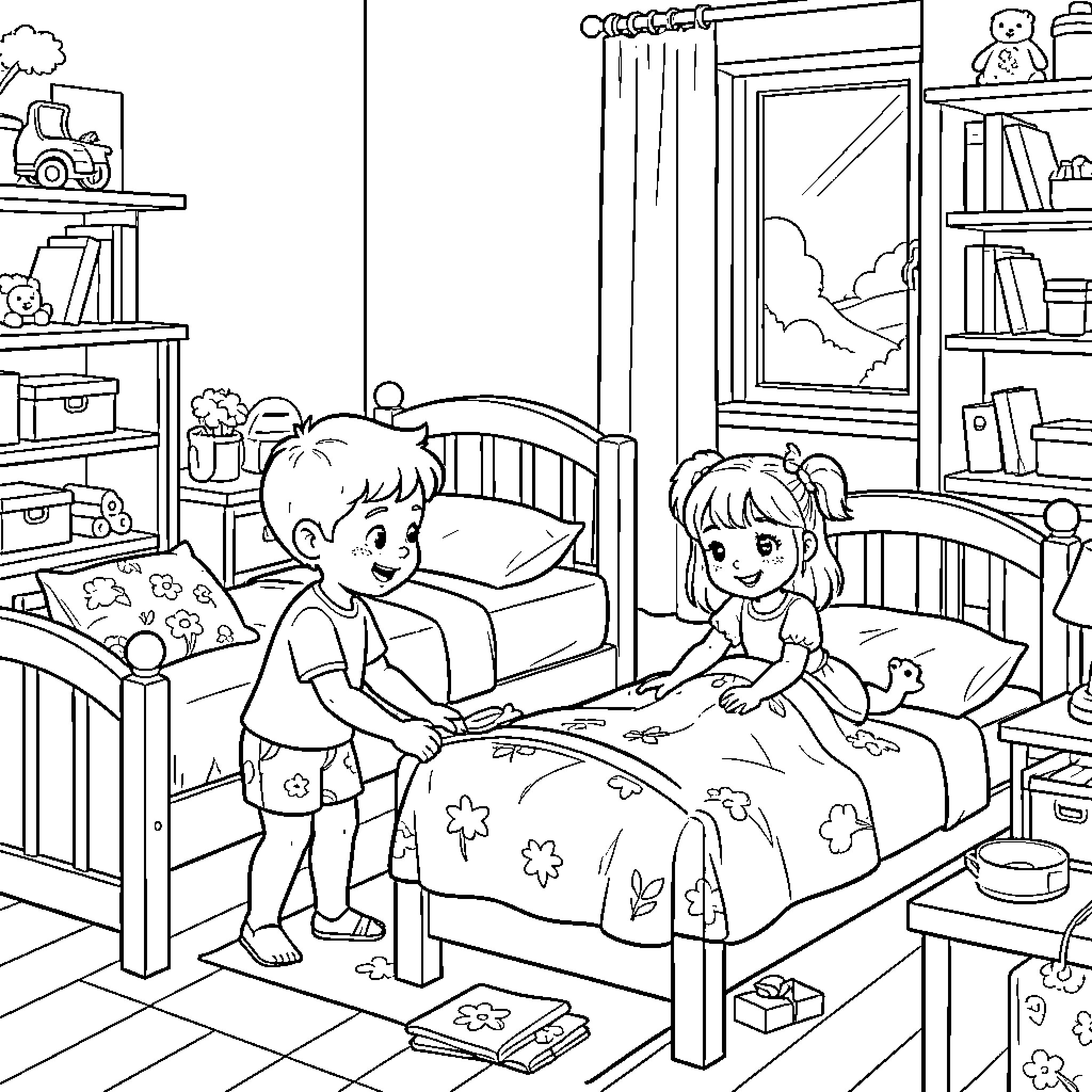 Niños playing and resting in their cozy bedroom Coloring Page (free black-and-white line drawing printable PDF for all, from beginners to advanced learners, including children, teens, adults, and seniors)
