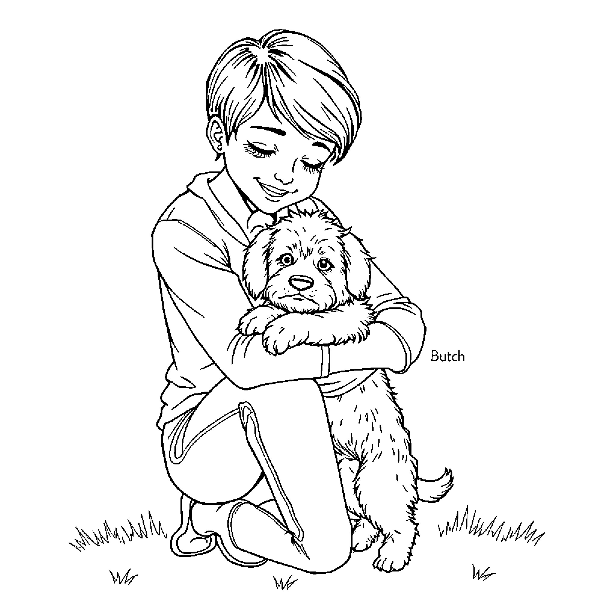 Lady hugging her beloved pet dog Coloring Page (free black-and-white line drawing printable PDF for all, from beginners to advanced learners, including children, teens, adults, and seniors)