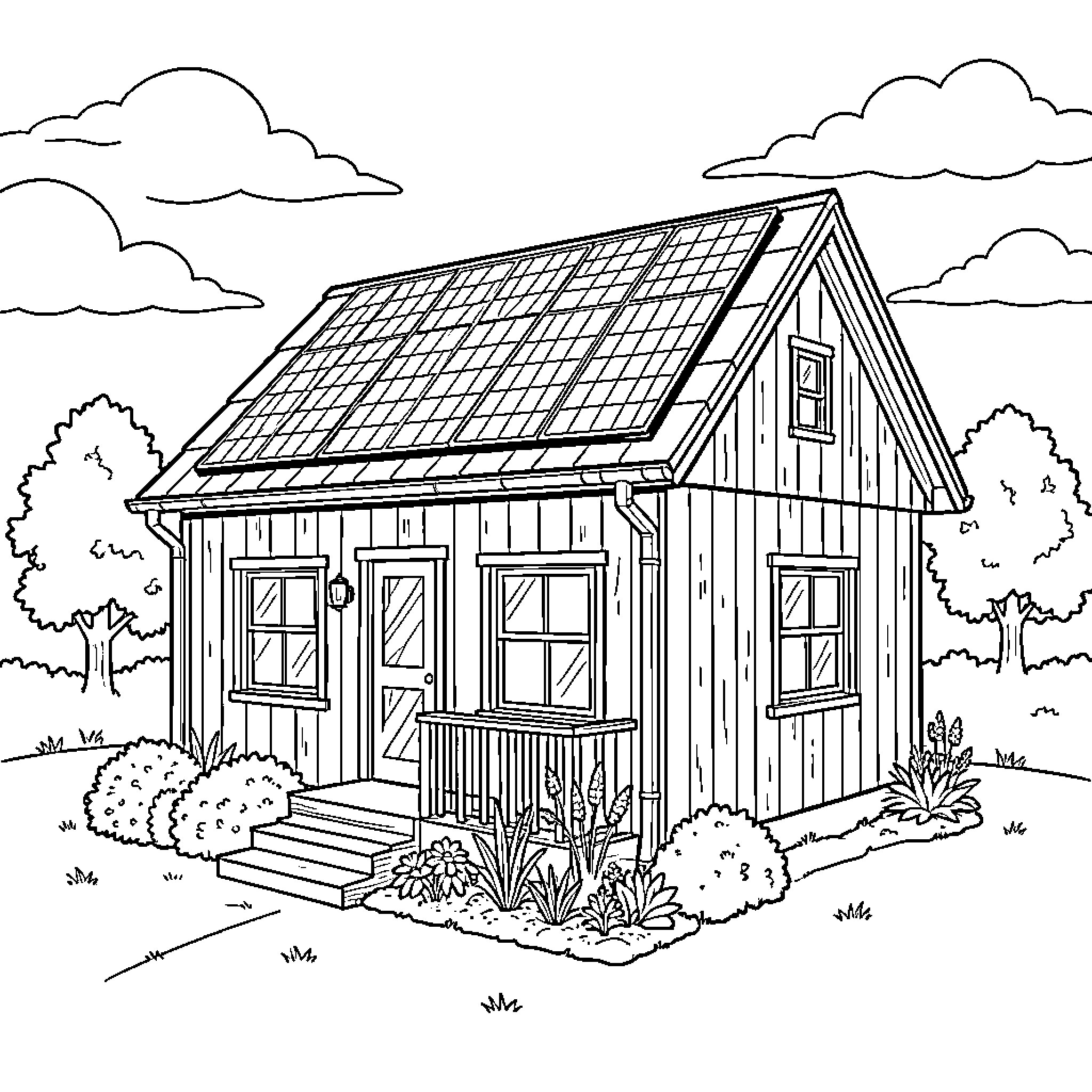 House on the Countryside with Trees and Clouds Coloring Page (free black-and-white line drawing printable PDF for all, from beginners to advanced learners, including children, teens, adults, and seniors)