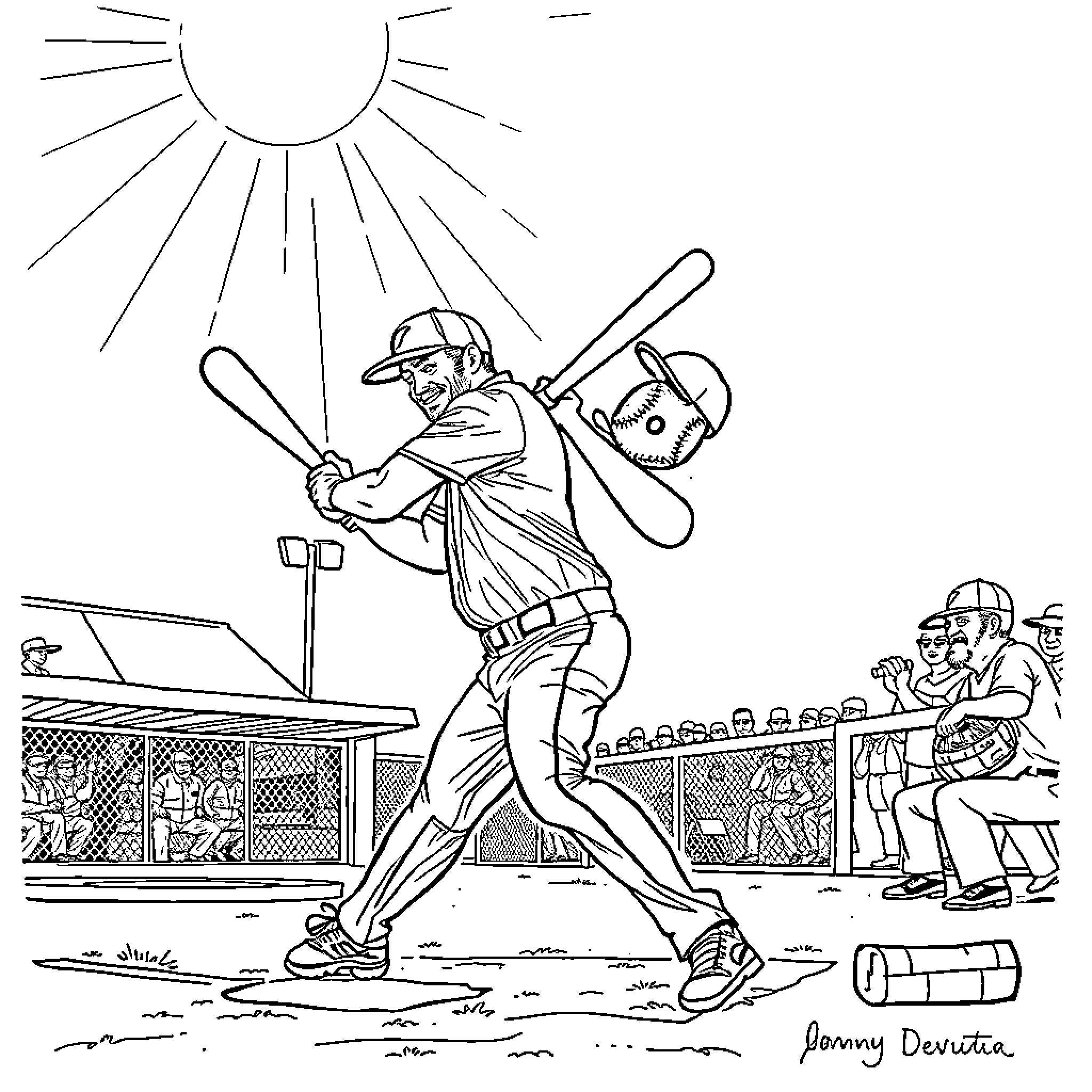 Freddie Freeman batting in a baseball game Coloring Page (free black-and-white line drawing printable PDF for all, from beginners to advanced learners, including children, teens, adults, and seniors)