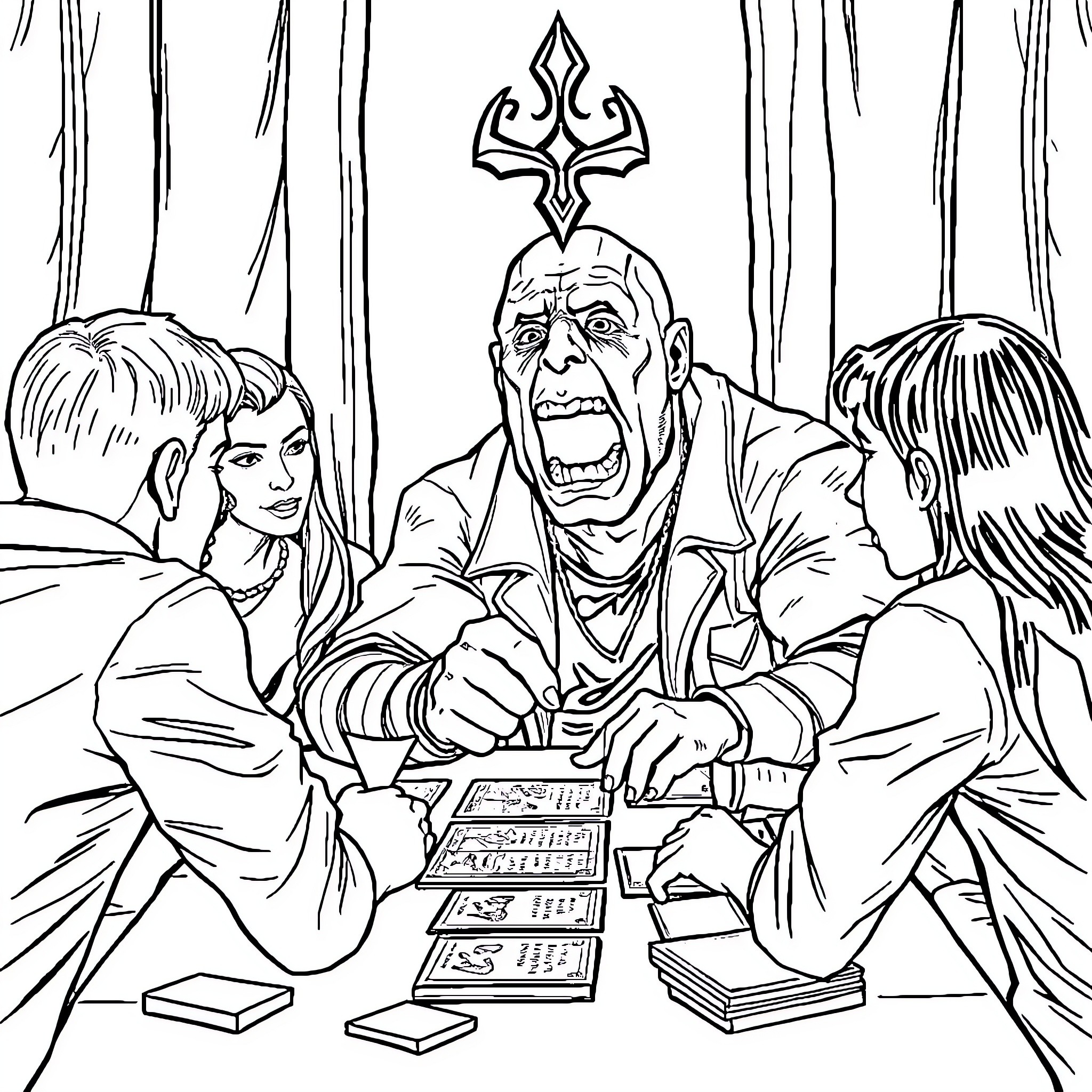 Rock Tribal Leader Bargaining with Two Figures Coloring Page (free black-and-white line drawing printable PDF for all, from beginners to advanced learners, including children, teens, adults, and seniors)