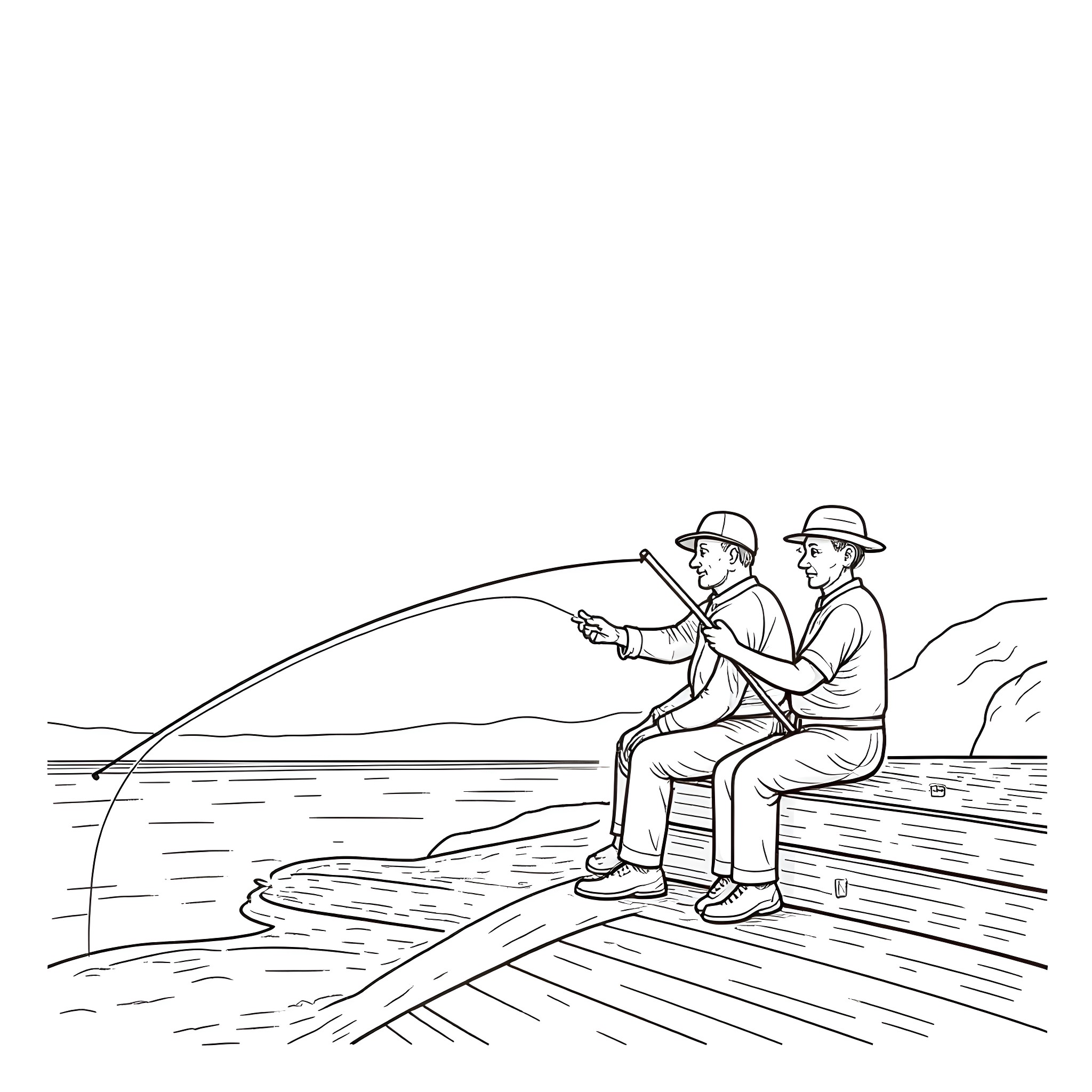 Men fishing together on the dock Coloring Page (free black-and-white line drawing printable PDF for all, from beginners to advanced learners, including children, teens, adults, and seniors)