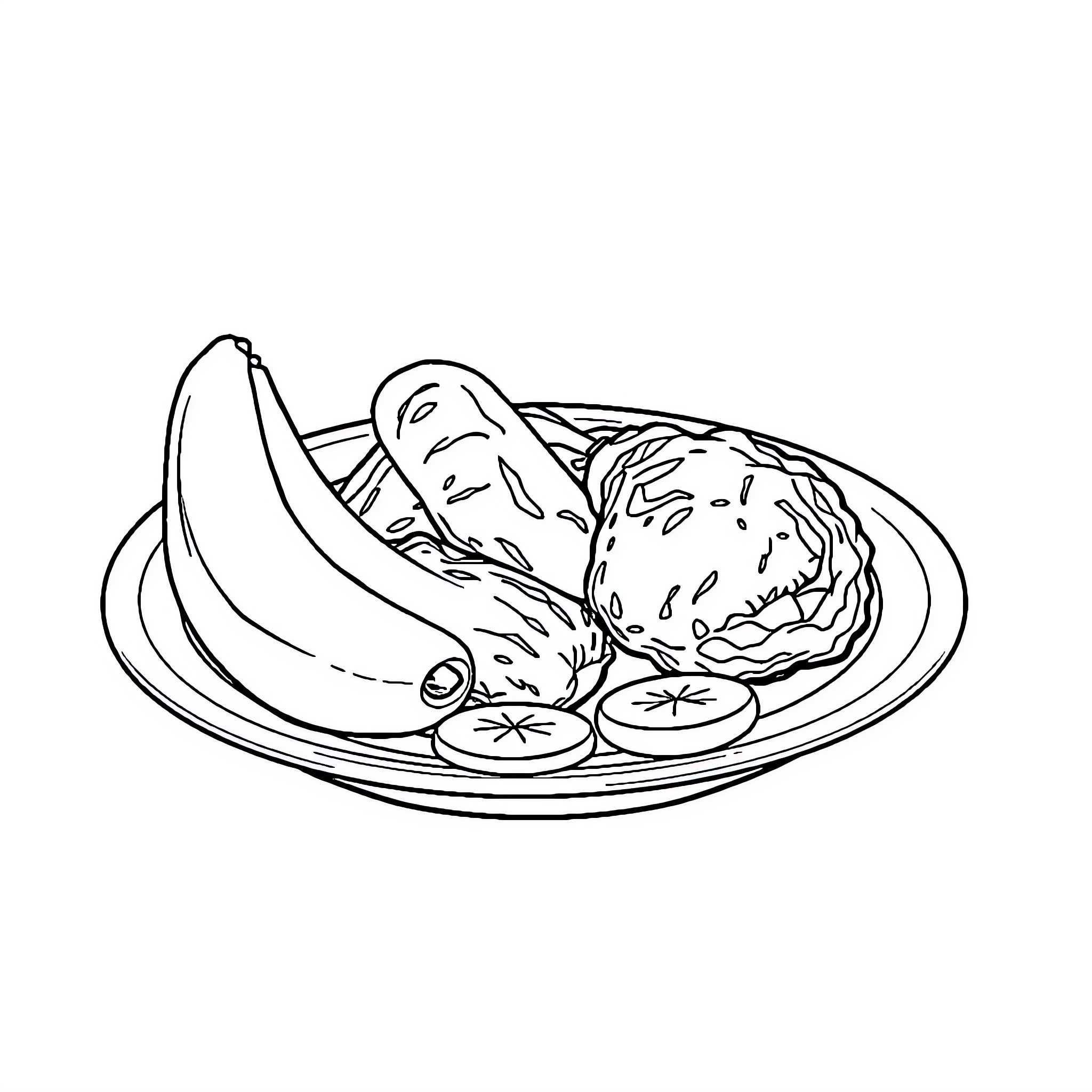 Chicken meal served on a plate Coloring Page (free black-and-white line drawing printable PDF for all, from beginners to advanced learners, including children, teens, adults, and seniors)