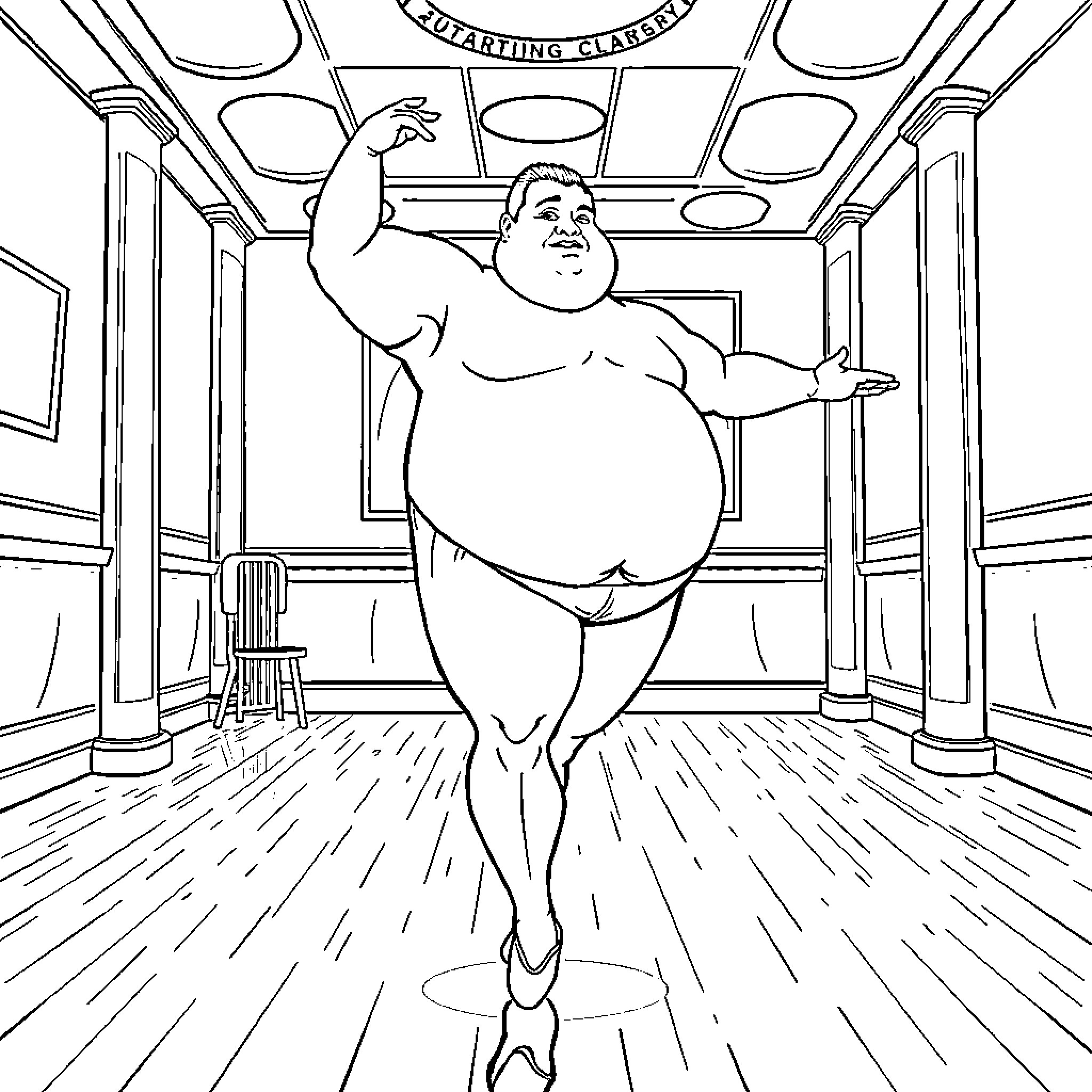 Ballet Dancer Defying Expectations in a Whimsical Scene Coloring Page (free black-and-white line drawing printable PDF for all, from beginners to advanced learners, including children, teens, adults, and seniors)
