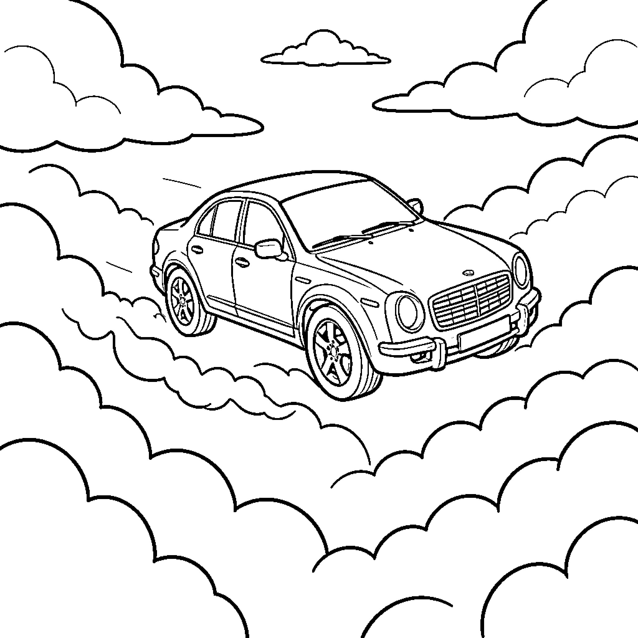 Car driving through soft fluffy clouds in the sky Coloring Page (free black-and-white line drawing printable PDF for all, from beginners to advanced learners, including children, teens, adults, and seniors)