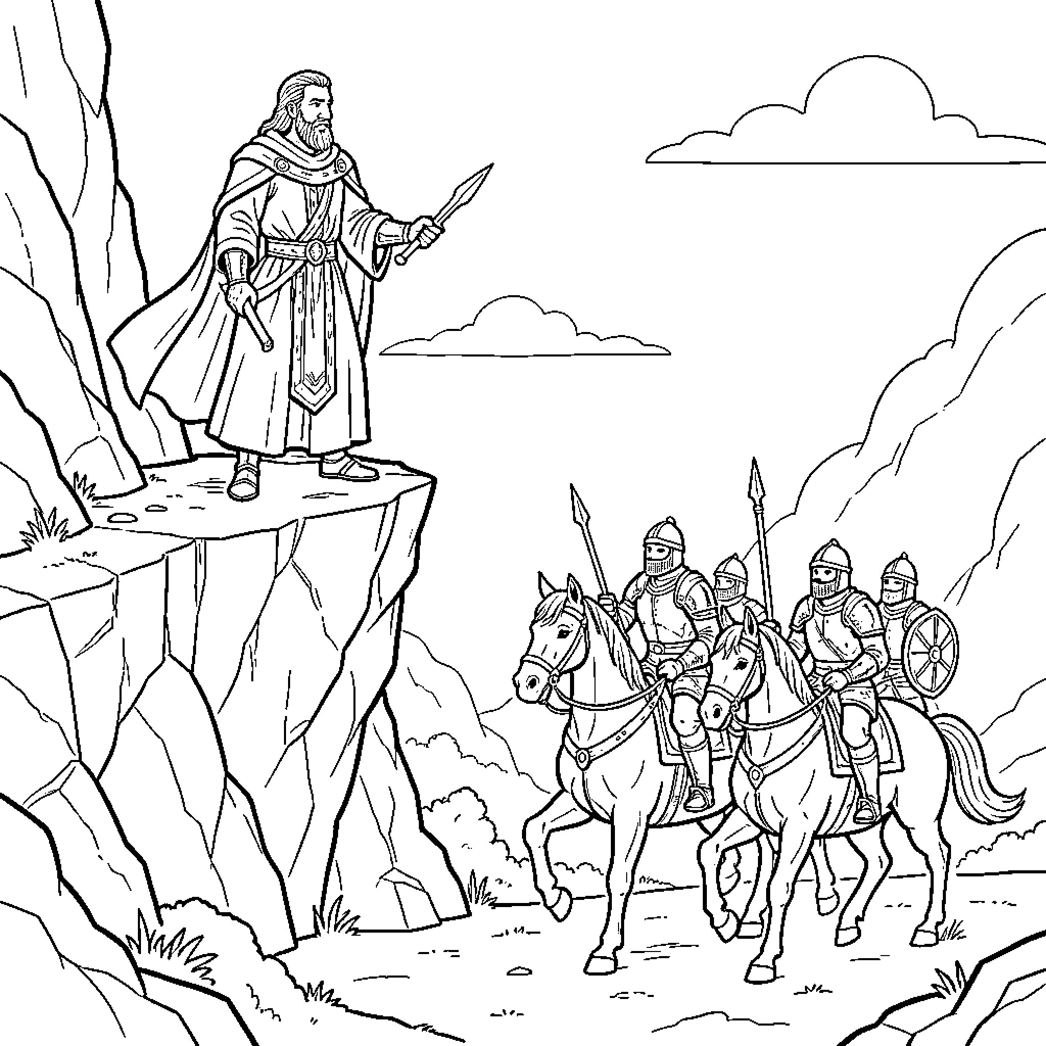 Merlin the Wizard overlooking a medieval army on horseback Coloring Page (free black-and-white line drawing printable PDF for all, from beginners to advanced learners, including children, teens, adults, and seniors)