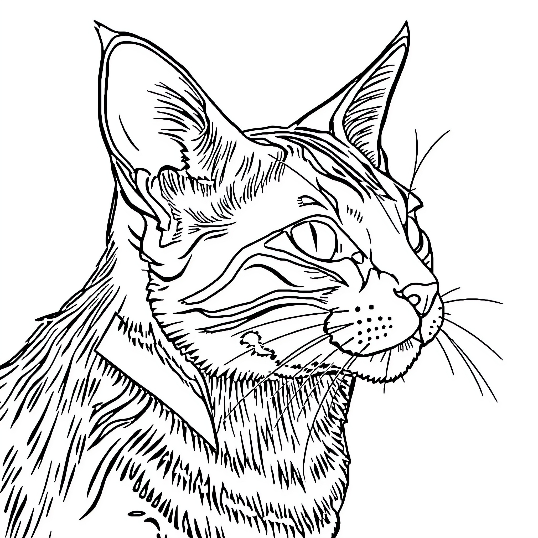 Pharaoh Cat with Piercing Gaze Coloring Page (free black-and-white line drawing printable PDF for all, from beginners to advanced learners, including children, teens, adults, and seniors)