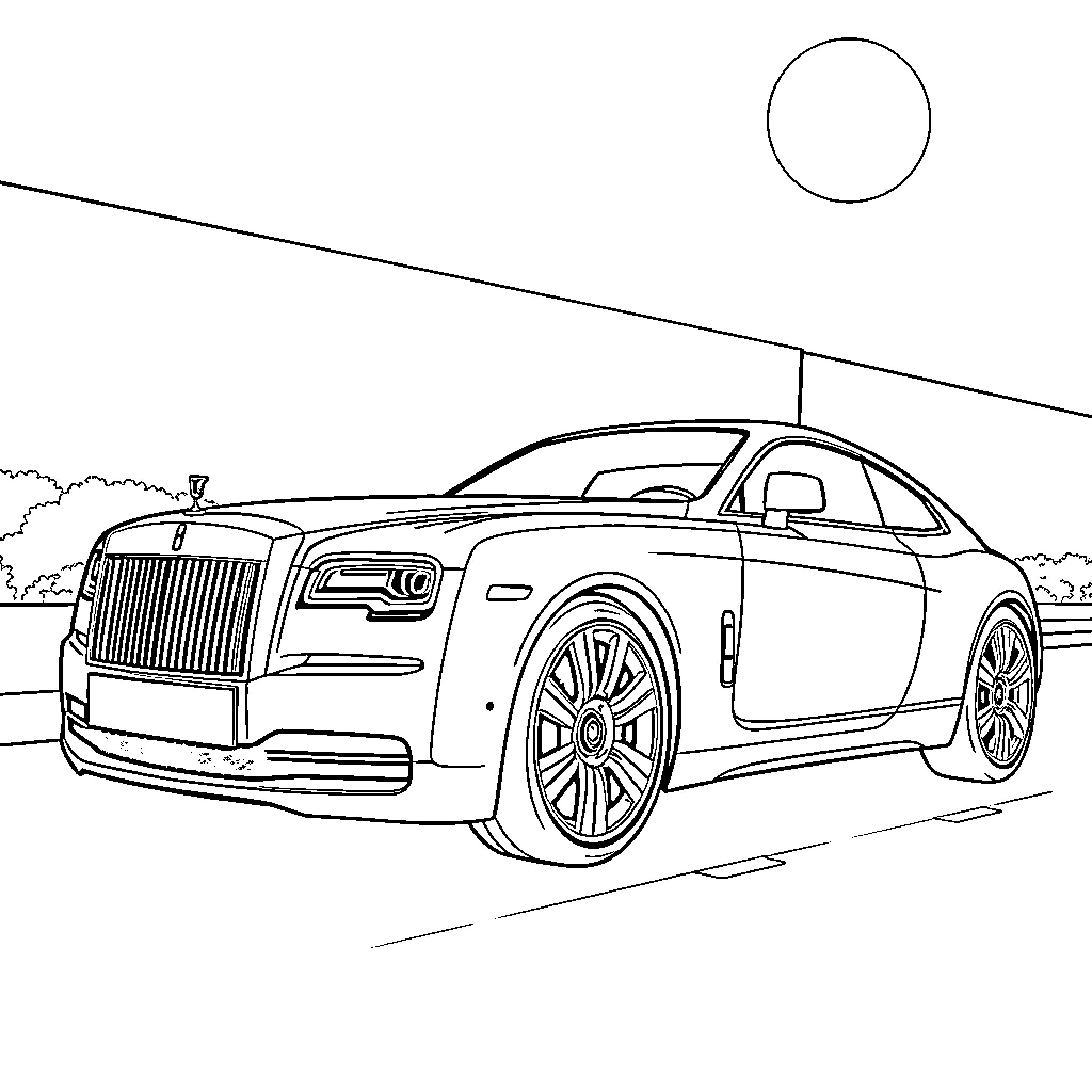 Car parked on the street at sunset Coloring Page (free black-and-white line drawing printable PDF for all, from beginners to advanced learners, including children, teens, adults, and seniors)