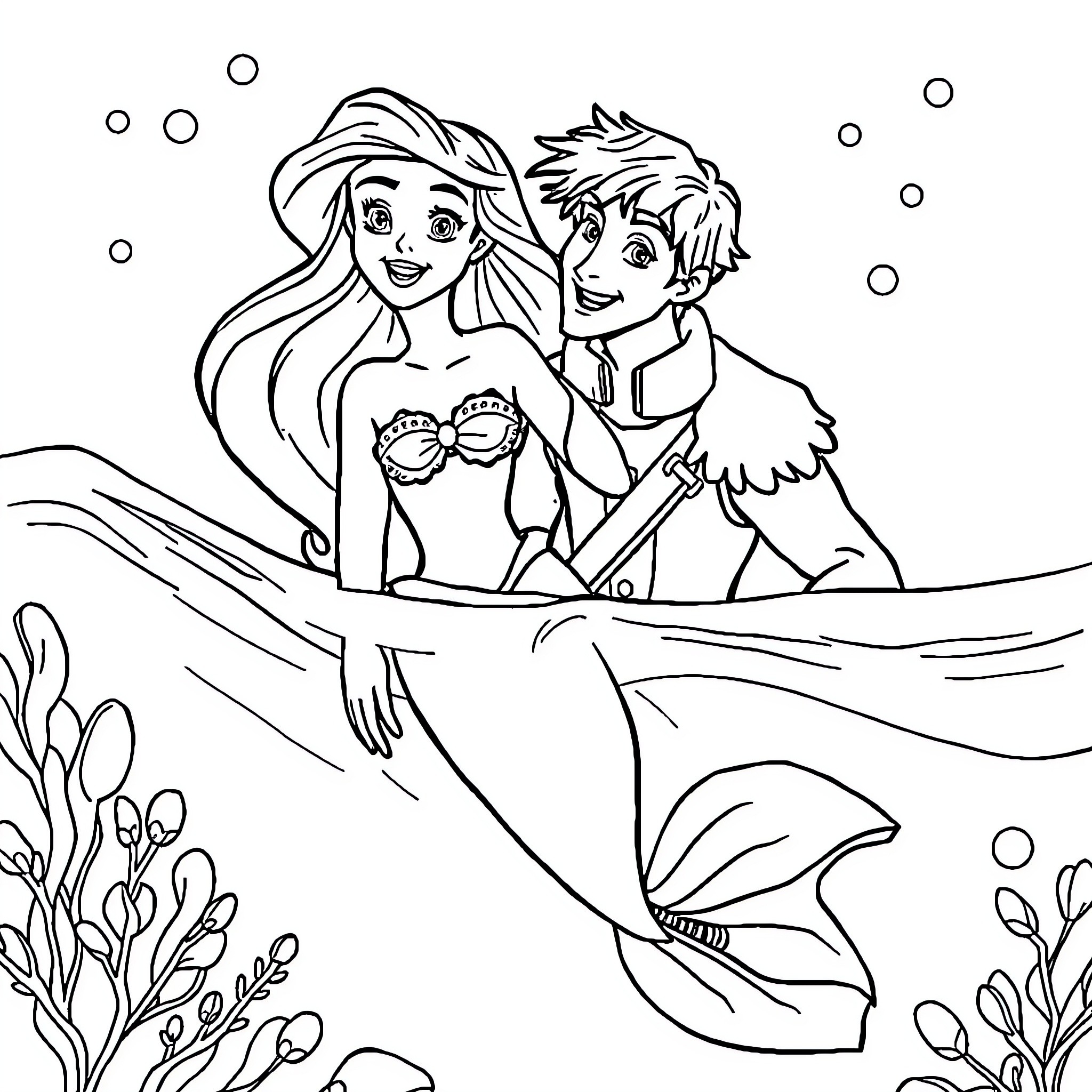 Ariel and Eric relaxing together in the sea Coloring Page (free black-and-white line drawing printable PDF for all, from beginners to advanced learners, including children, teens, adults, and seniors)