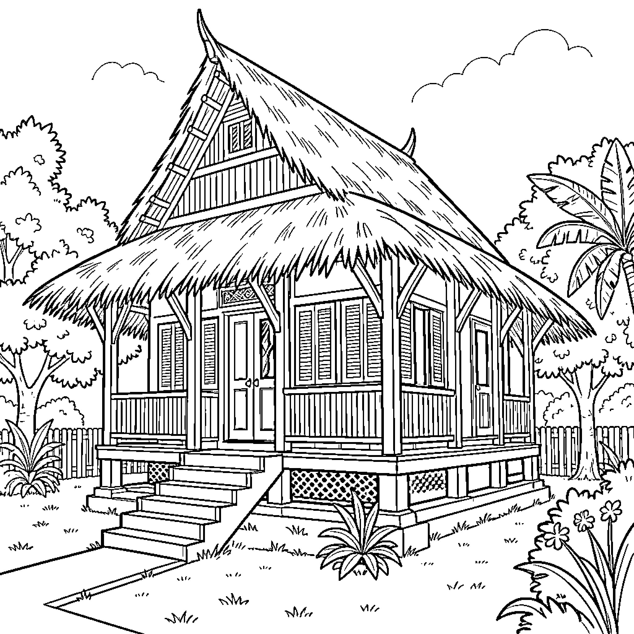 Baan traditional house standing amidst lush tropical greenery Coloring Page (free black-and-white line drawing printable PDF for all, from beginners to advanced learners, including children, teens, adults, and seniors)