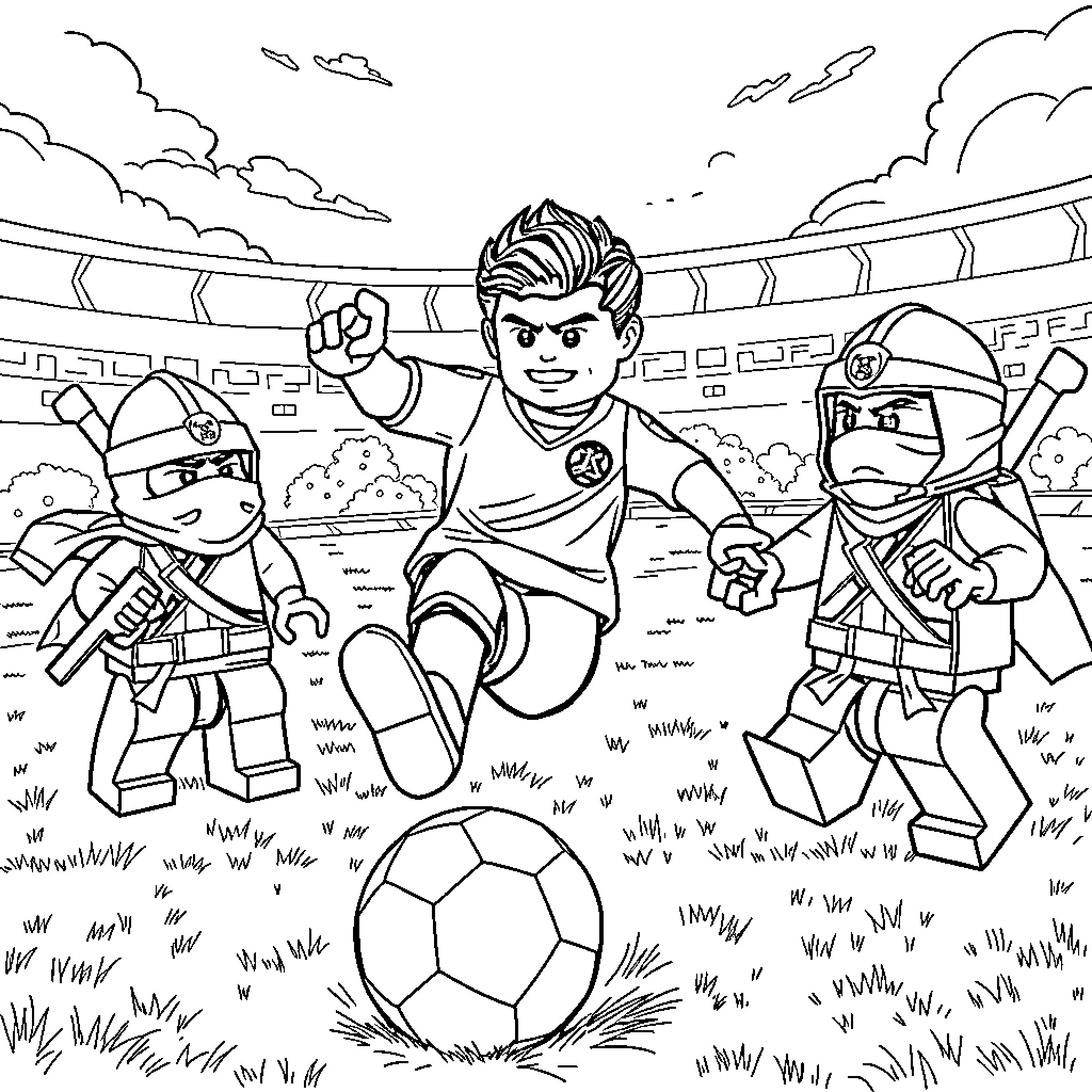 Ninjago characters in an athletic competition Coloring Page (free black-and-white line drawing printable PDF for all, from beginners to advanced learners, including children, teens, adults, and seniors)