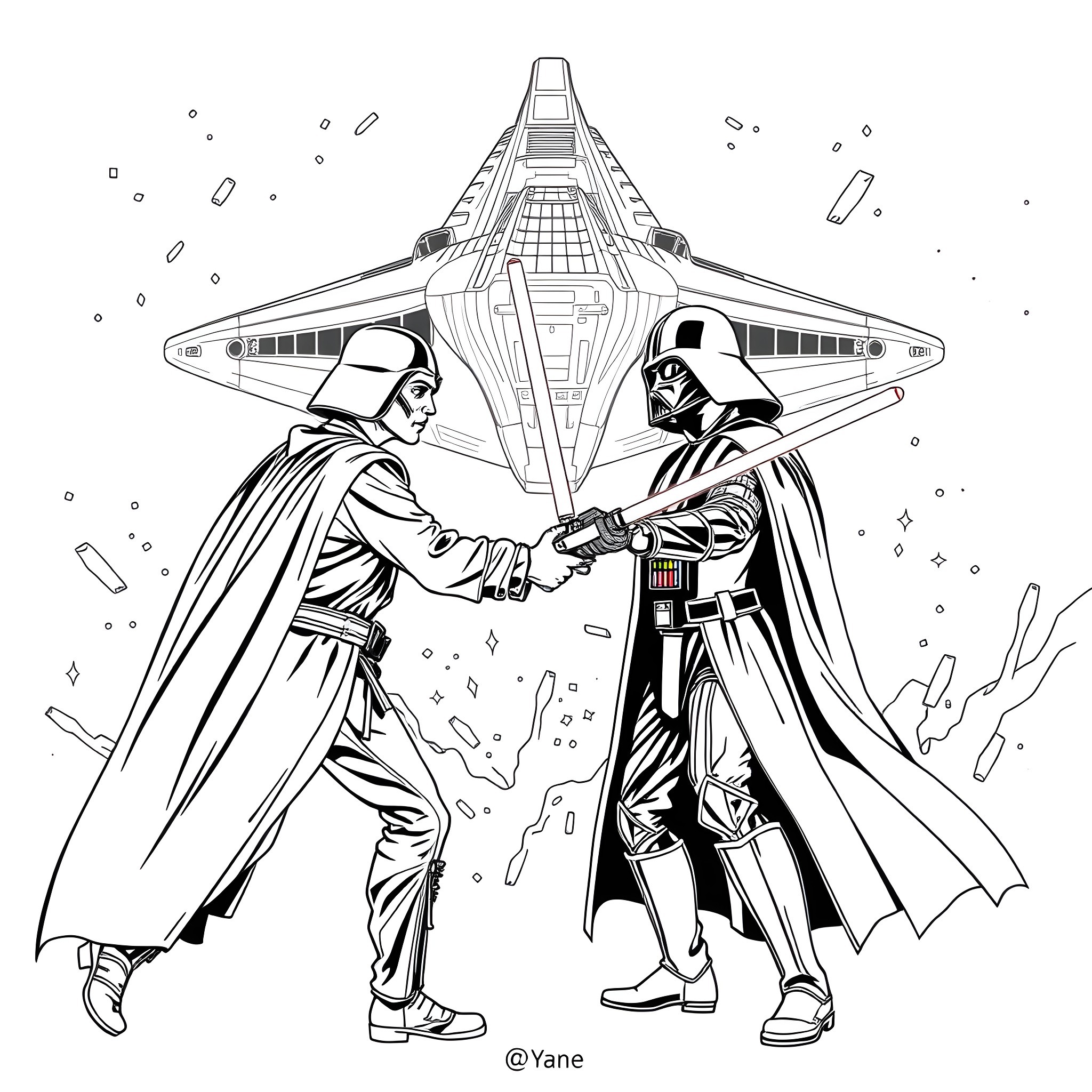 Luke Skywalker's iconic confrontation with Darth Vader Coloring Page (free black-and-white line drawing printable PDF for all, from beginners to advanced learners, including children, teens, adults, and seniors)