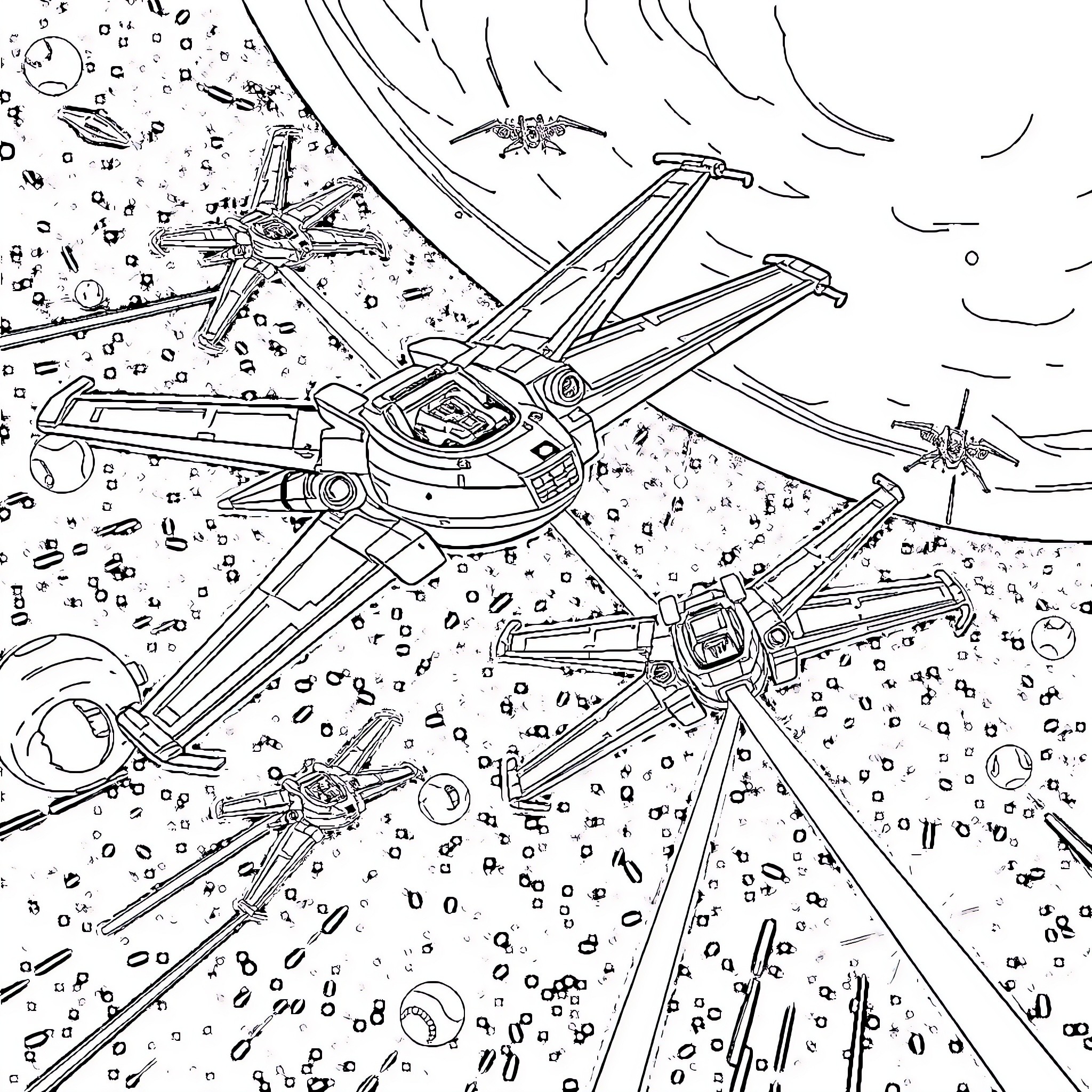 X-Wing Starfighters Engaged in Intense Aerial Combat Coloring Page (free black-and-white line drawing printable PDF for all, from beginners to advanced learners, including children, teens, adults, and seniors)