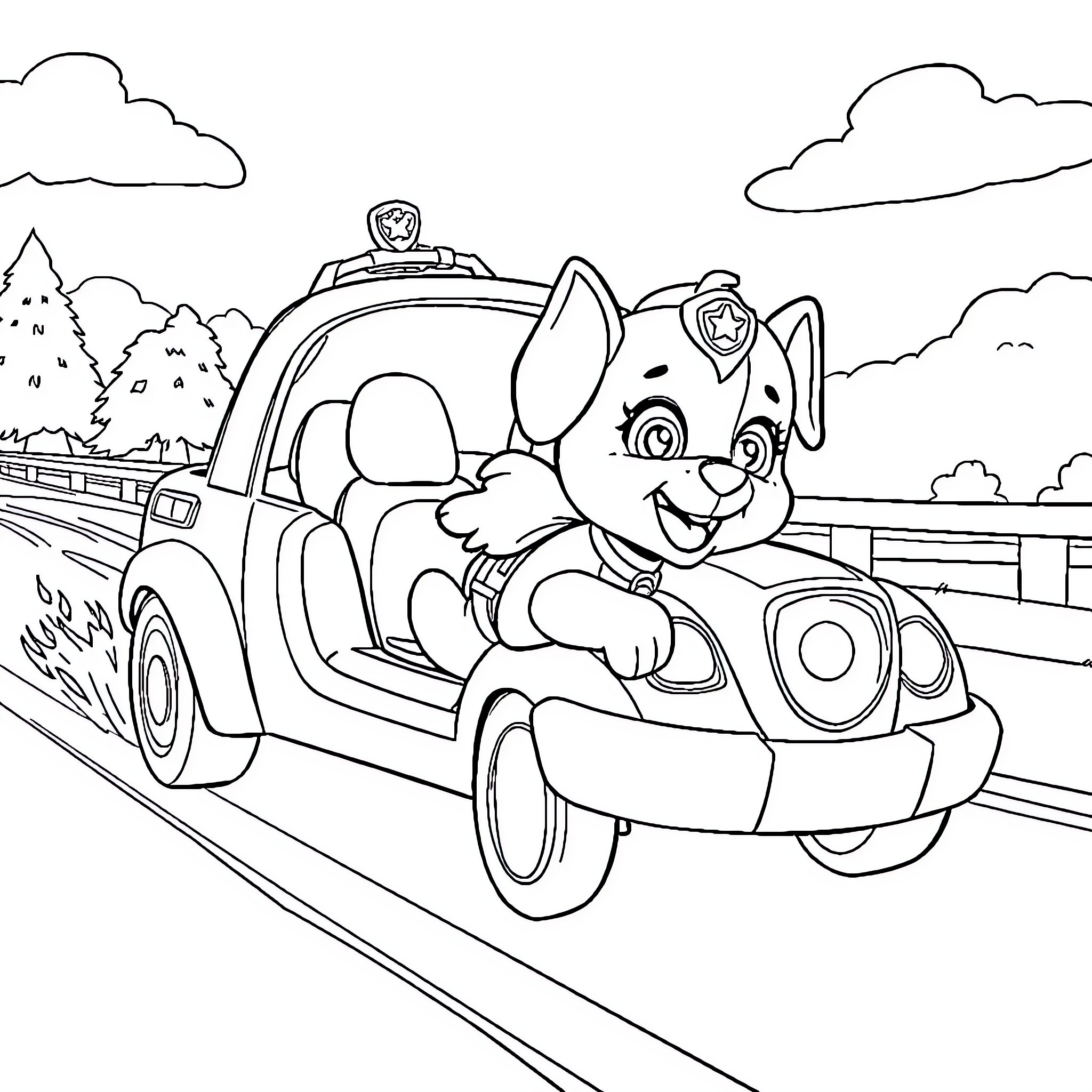 Paw Patrol Puppy Driving Vehicle on the Road Coloring Page (free black-and-white line drawing printable PDF for all, from beginners to advanced learners, including children, teens, adults, and seniors)