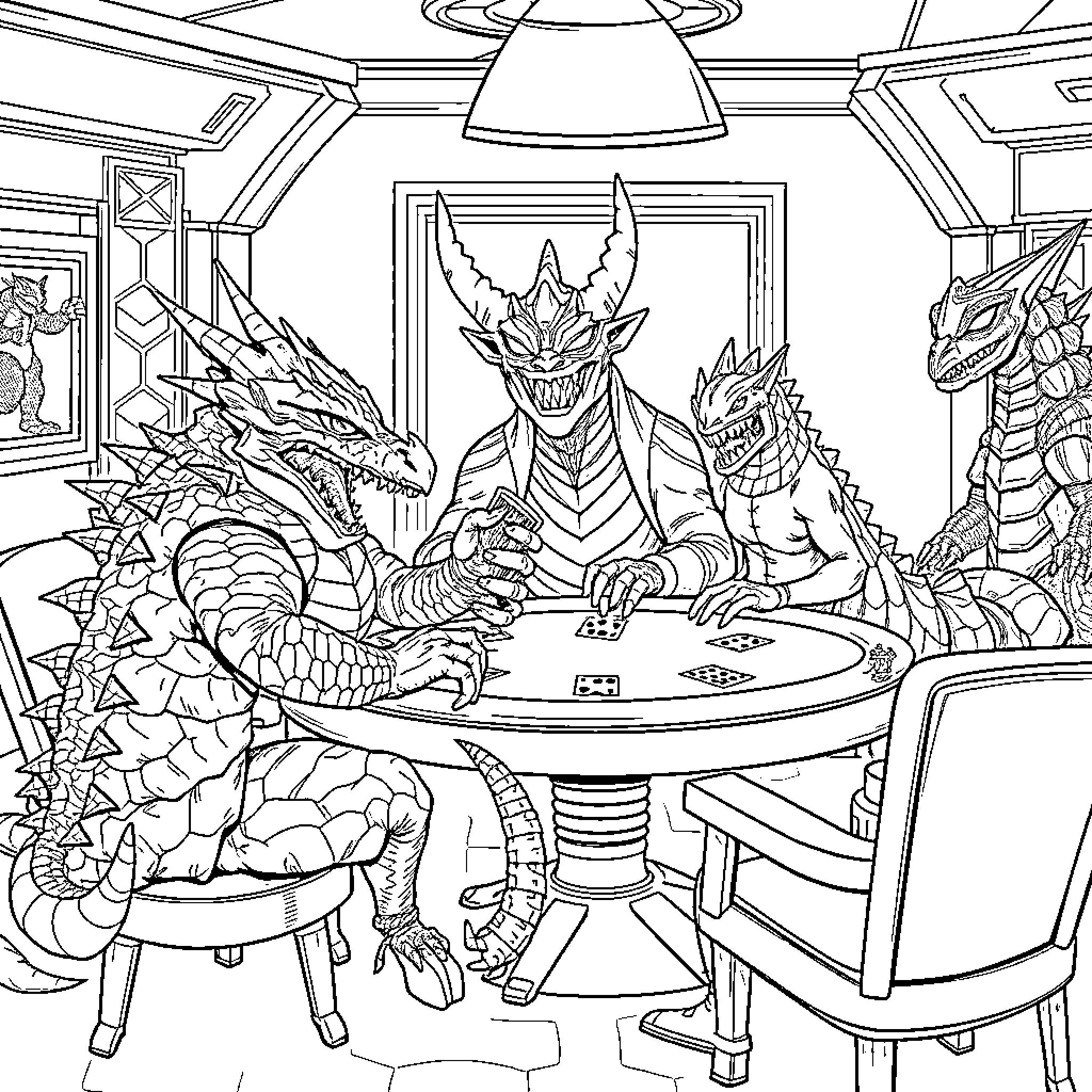 King Ghidorah playing poker with his dragon companions Coloring Page (free black-and-white line drawing printable PDF for all, from beginners to advanced learners, including children, teens, adults, and seniors)