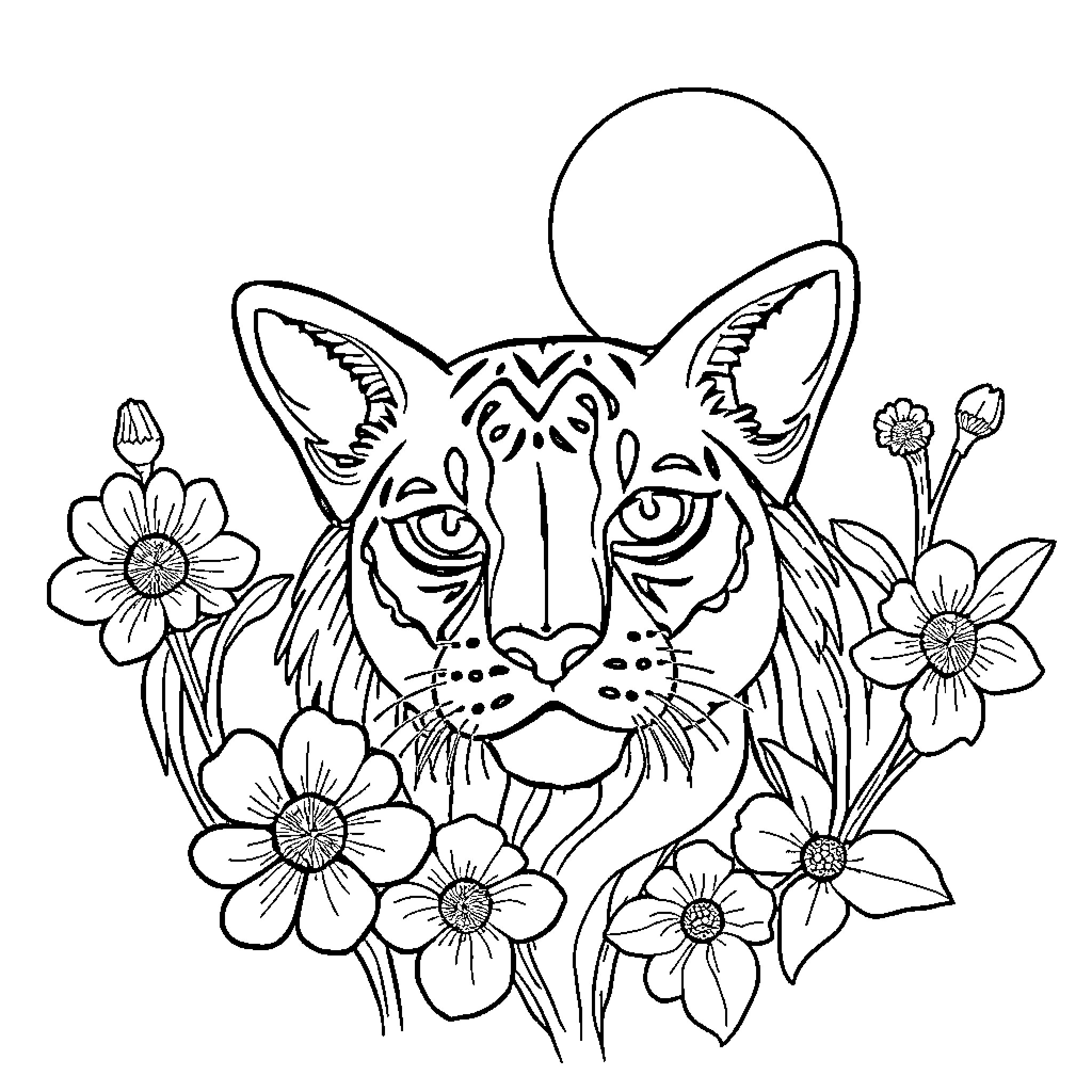 Rain Drop Floral Cat Portrait Coloring Page (free black-and-white line drawing printable PDF for all, from beginners to advanced learners, including children, teens, adults, and seniors)