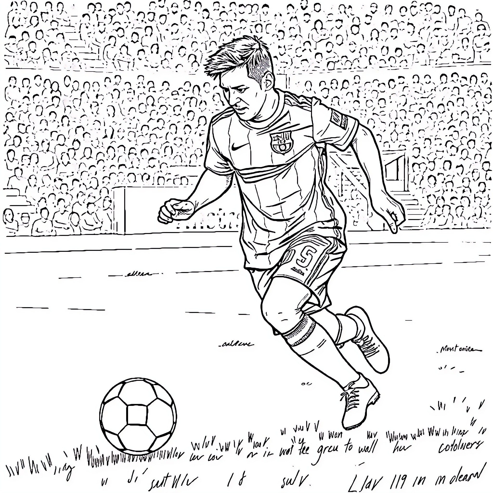 Messi's Iconic Soccer Skills Captivate the Crowd Coloring Page (free black-and-white line drawing printable PDF for all, from beginners to advanced learners, including children, teens, adults, and seniors)