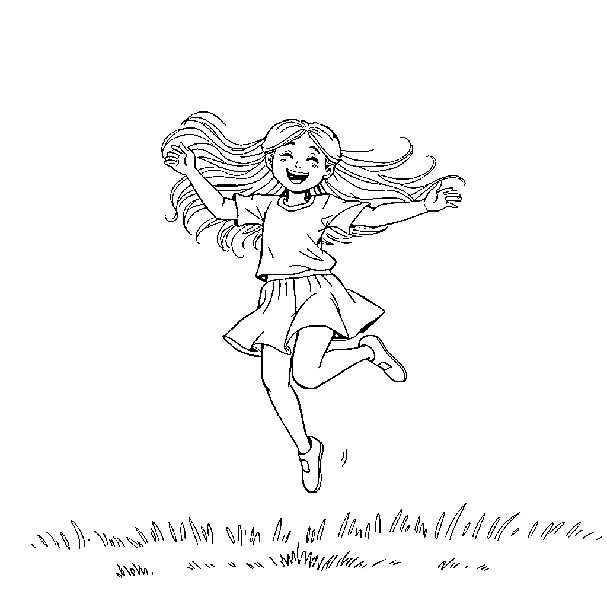 Girl joyfully jumping in the meadow Coloring Page (free black-and-white line drawing printable PDF for all, from beginners to advanced learners, including children, teens, adults, and seniors)
