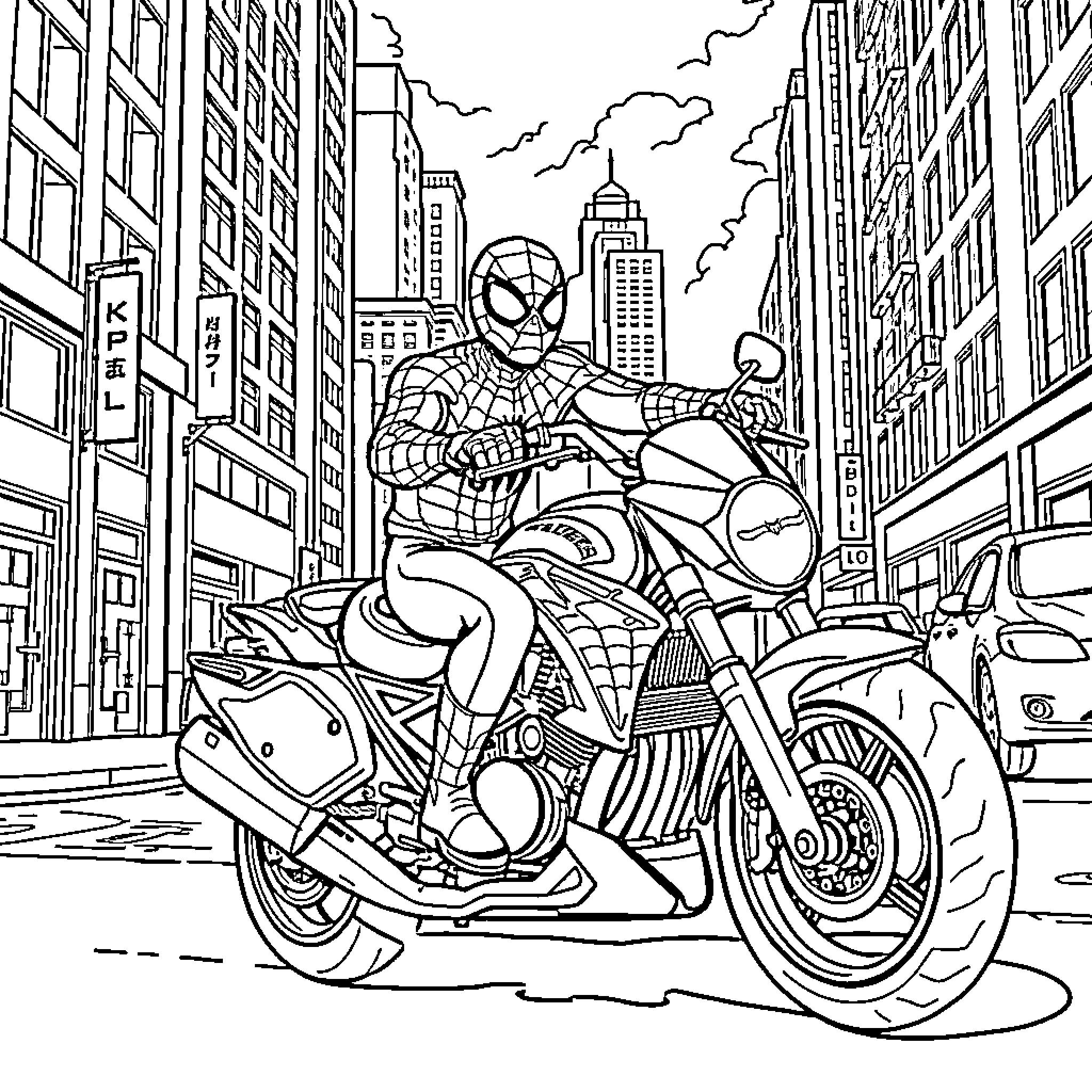 Spiderman riding a motorcycle in the city Coloring Page (free black-and-white line drawing printable PDF for all, from beginners to advanced learners, including children, teens, adults, and seniors)
