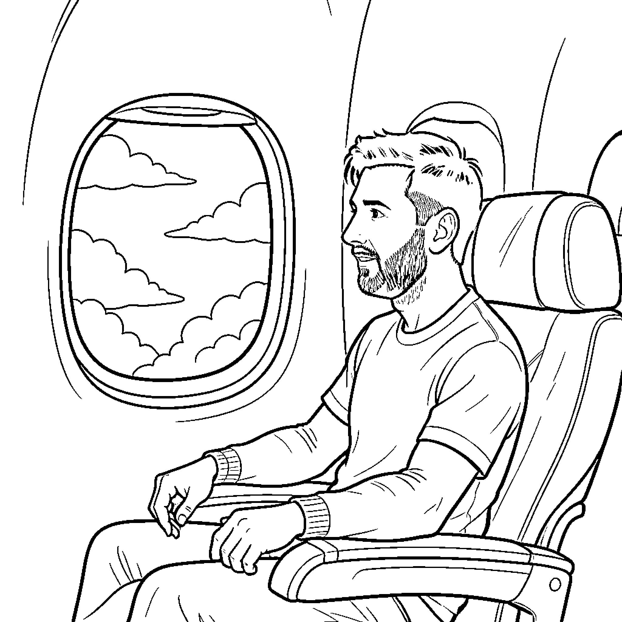 Messi looking out airplane window Coloring Page (free black-and-white line drawing printable PDF for all, from beginners to advanced learners, including children, teens, adults, and seniors)