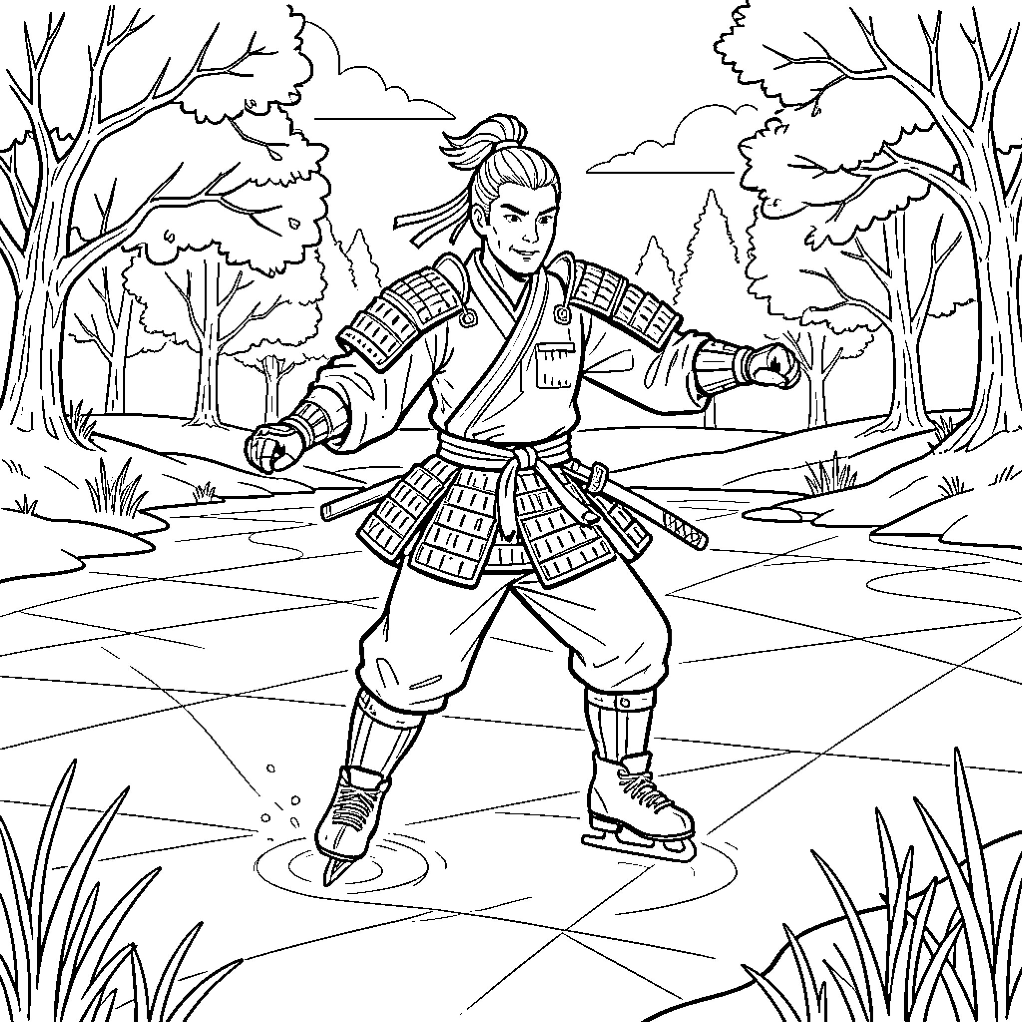 Samurai ice skating gracefully on a frozen lake Coloring Page (free black-and-white line drawing printable PDF for all, from beginners to advanced learners, including children, teens, adults, and seniors)