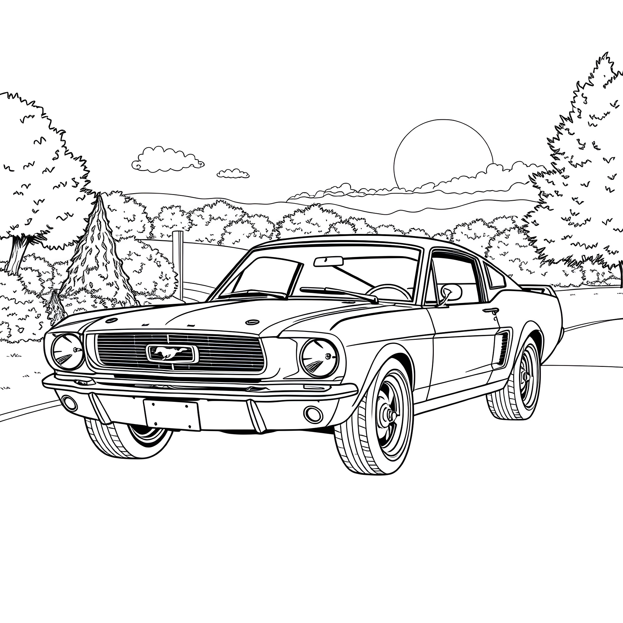 Mustang classic car in scenic landscape Coloring Page (free black-and-white line drawing printable PDF for all, from beginners to advanced learners, including children, teens, adults, and seniors)