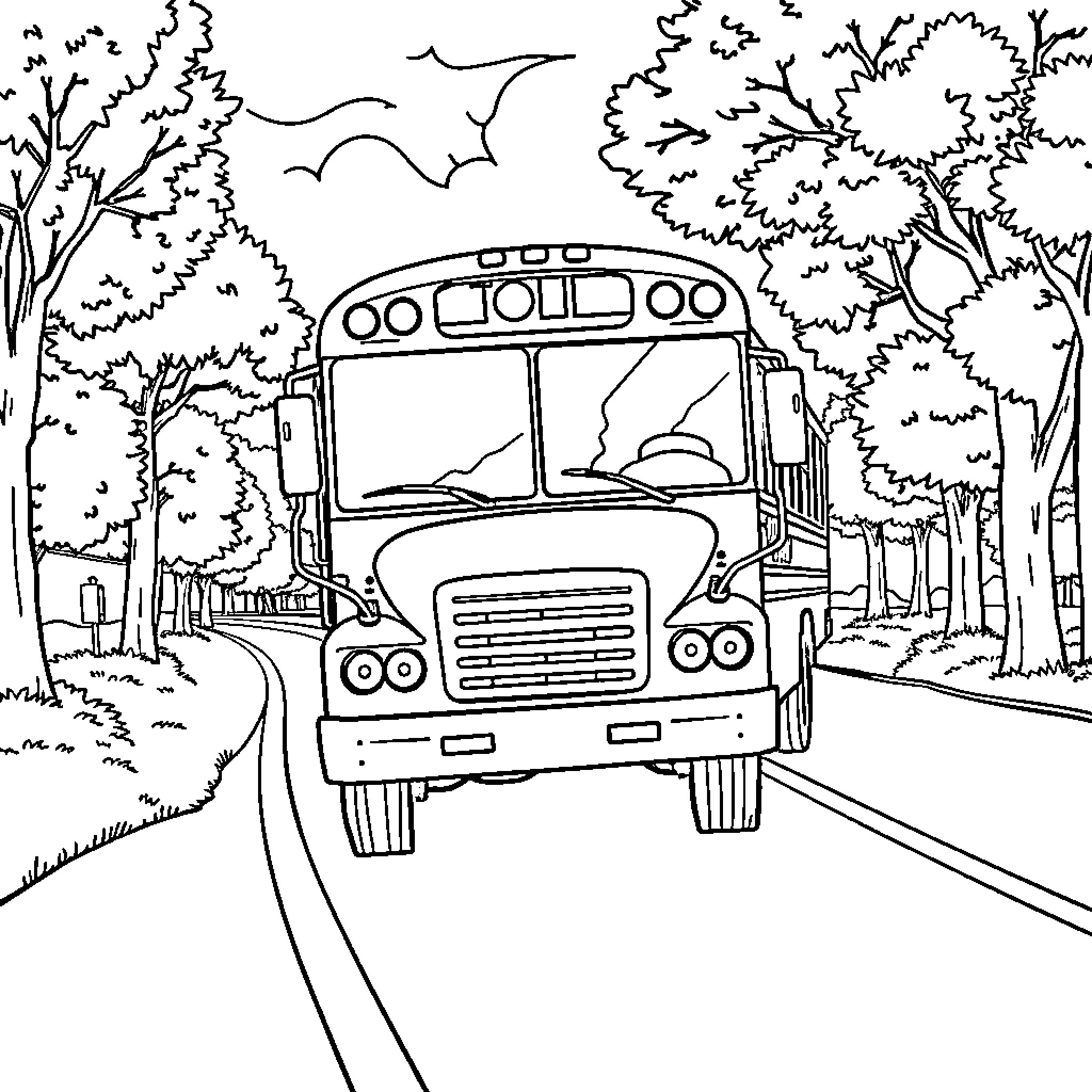 Bus on forested road with birds in the sky Coloring Page (free black-and-white line drawing printable PDF for all, from beginners to advanced learners, including children, teens, adults, and seniors)