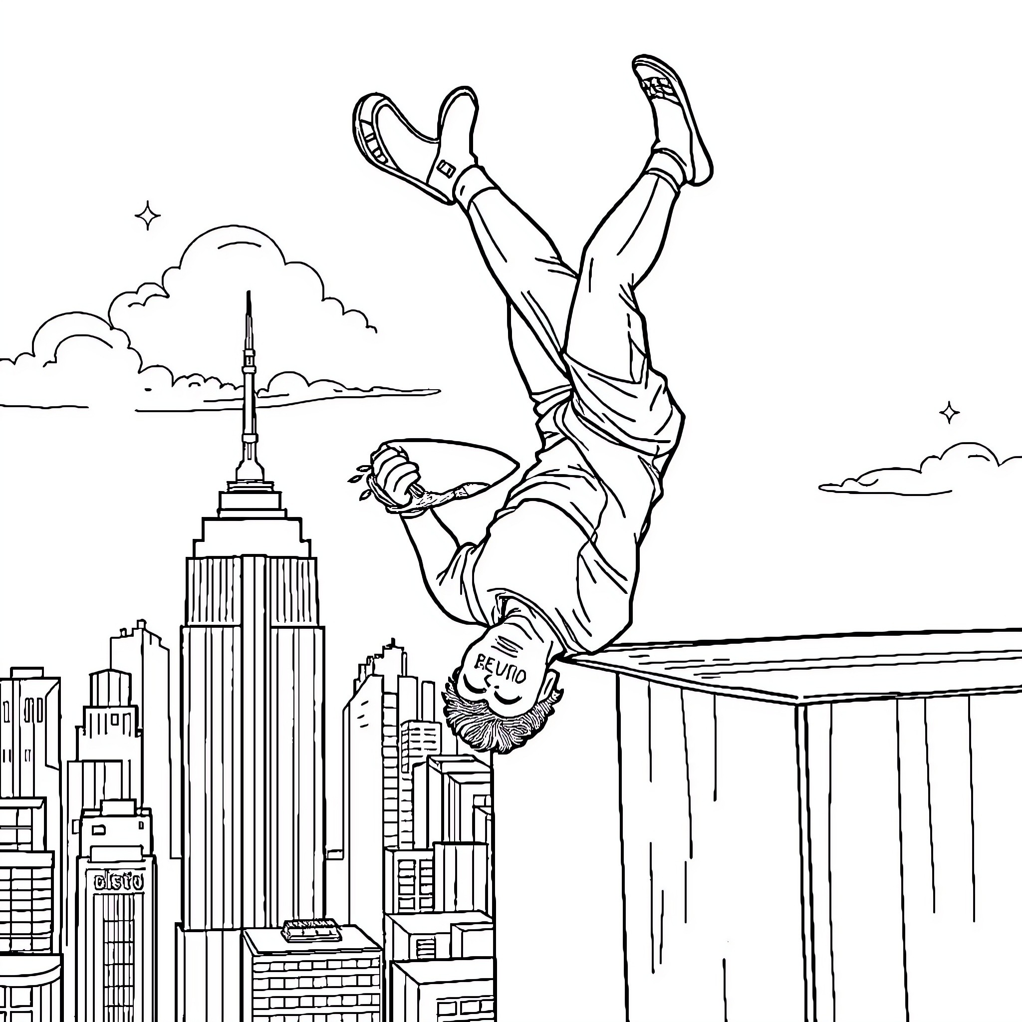 Man performing daring aerial stunt over cityscape Coloring Page (free black-and-white line drawing printable PDF for all, from beginners to advanced learners, including children, teens, adults, and seniors)