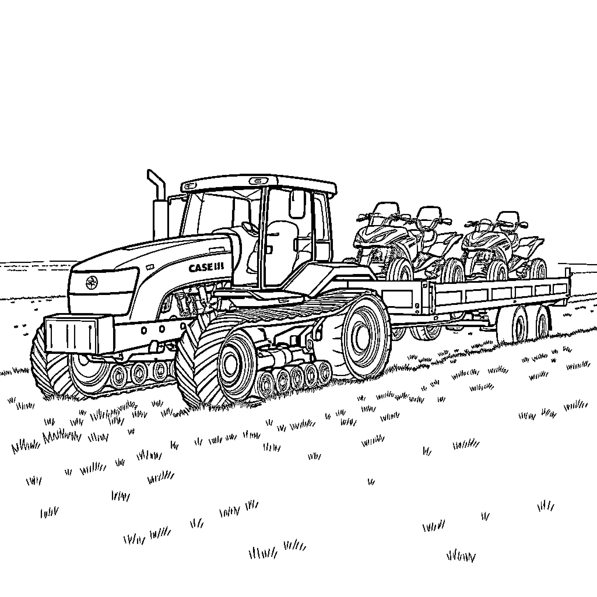 Tractor transporting workers on a rural road Coloring Page (free black-and-white line drawing printable PDF for all, from beginners to advanced learners, including children, teens, adults, and seniors)