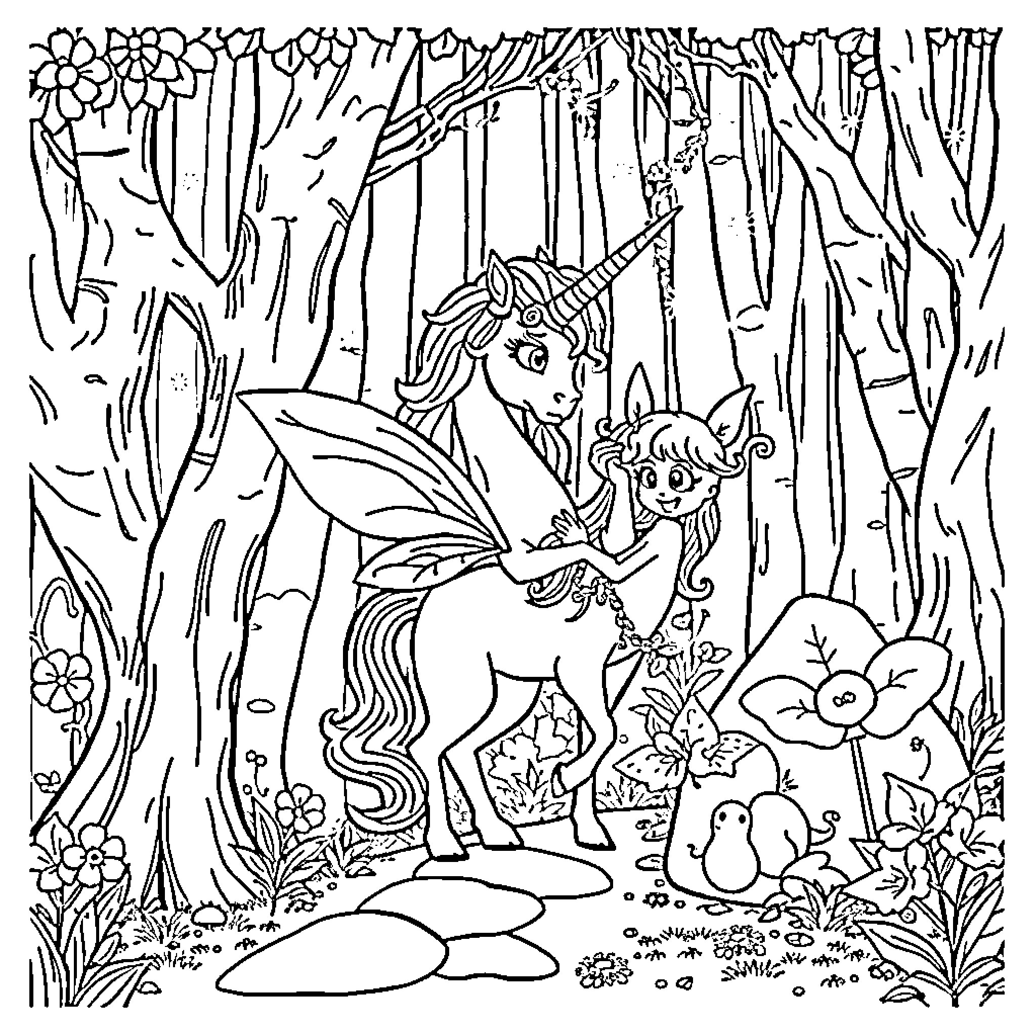 Unicorn and Fairy Discover Enchanted Forest Coloring Page (free black-and-white line drawing printable PDF for all, from beginners to advanced learners, including children, teens, adults, and seniors)