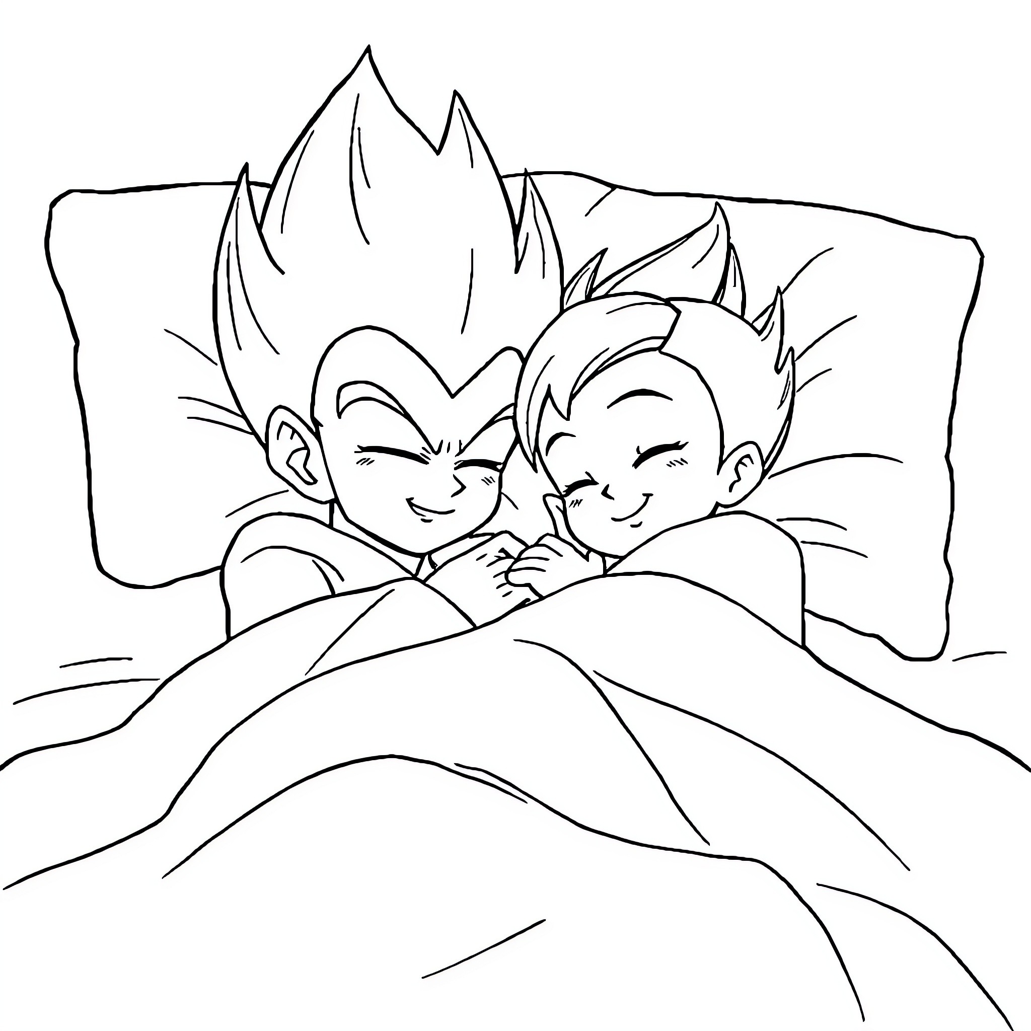 Vegeta siblings resting peacefully together Coloring Page (free black-and-white line drawing printable PDF for all, from beginners to advanced learners, including children, teens, adults, and seniors)