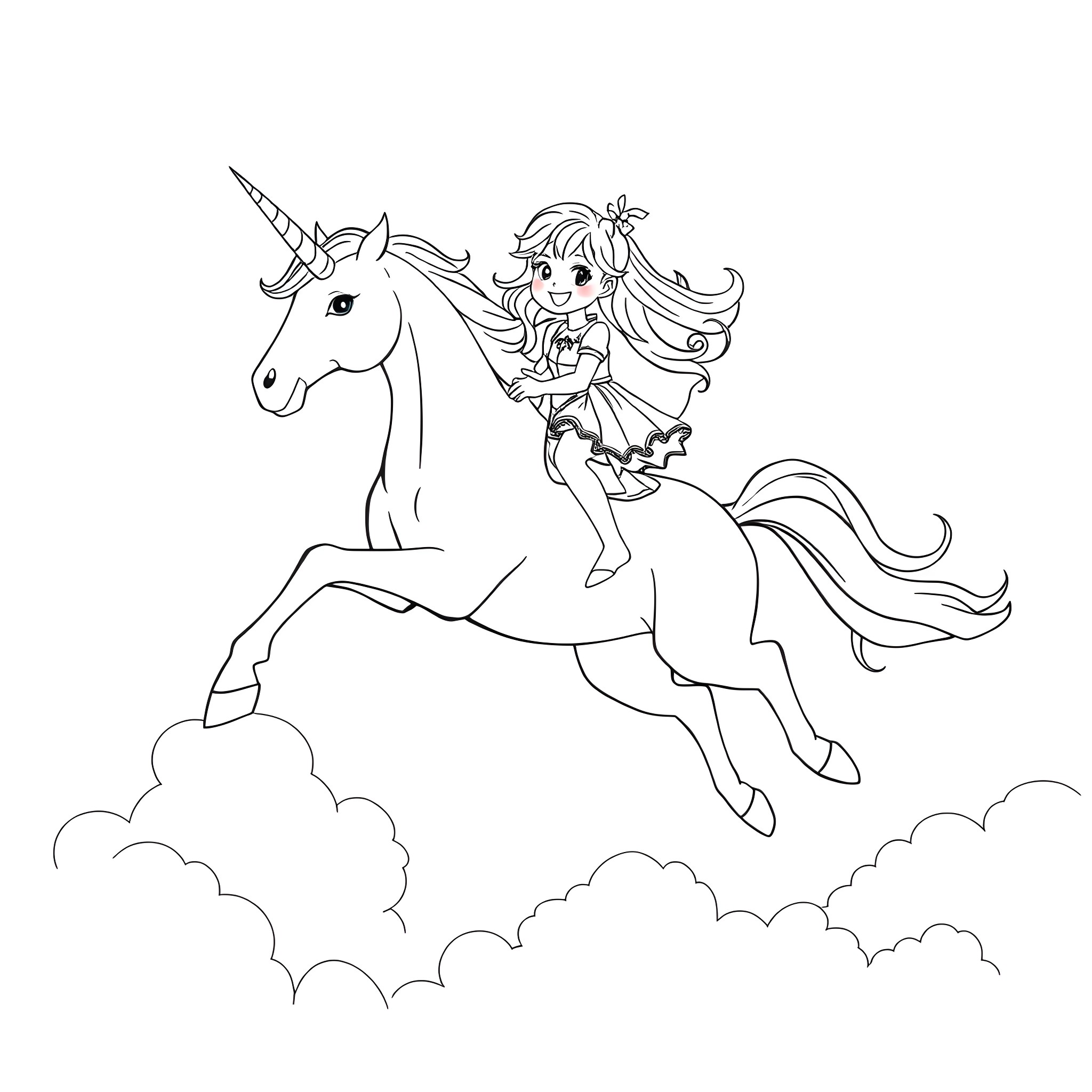 Unicorn girl riding a magical unicorn in the clouds Coloring Page (free black-and-white line drawing printable PDF for all, from beginners to advanced learners, including children, teens, adults, and seniors)