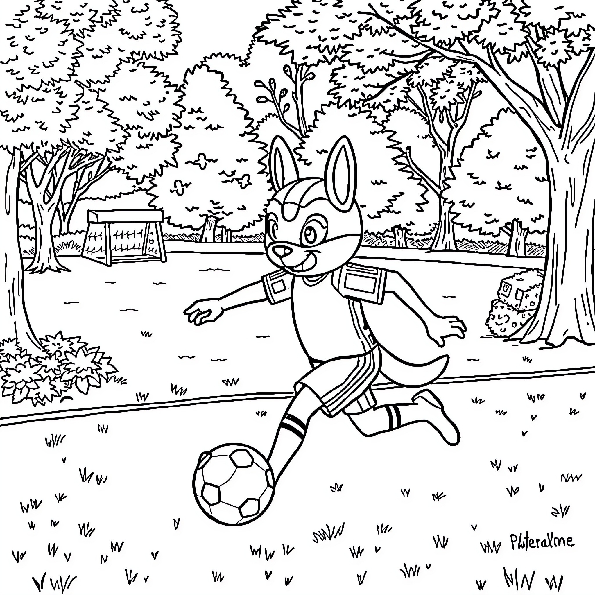 Patrol on the soccer field with a rabbit Coloring Page (free black-and-white line drawing printable PDF for all, from beginners to advanced learners, including children, teens, adults, and seniors)